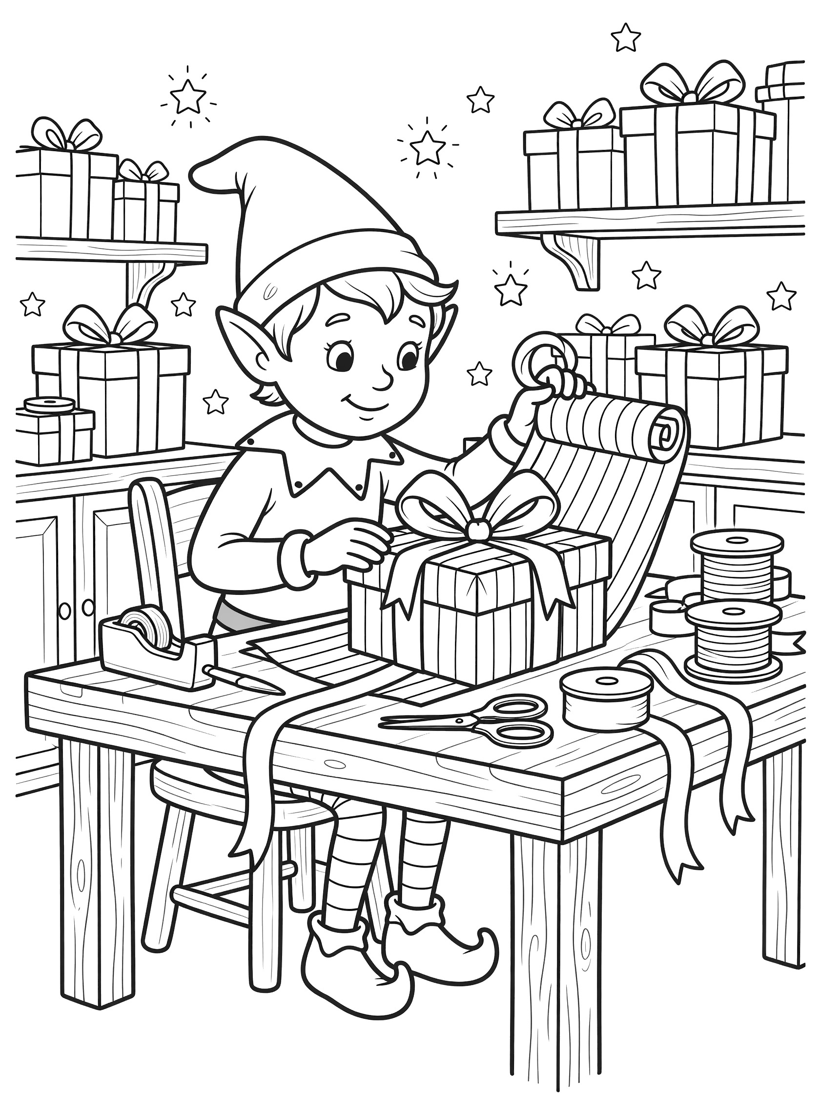 Black-and-white line art of a smiling elf in pointy hat and curly shoes sitting at a wooden table, wrapping a striped gift box with curly bow, ribbon rolls, scissors, and tape nearby in a Christmas workshop.