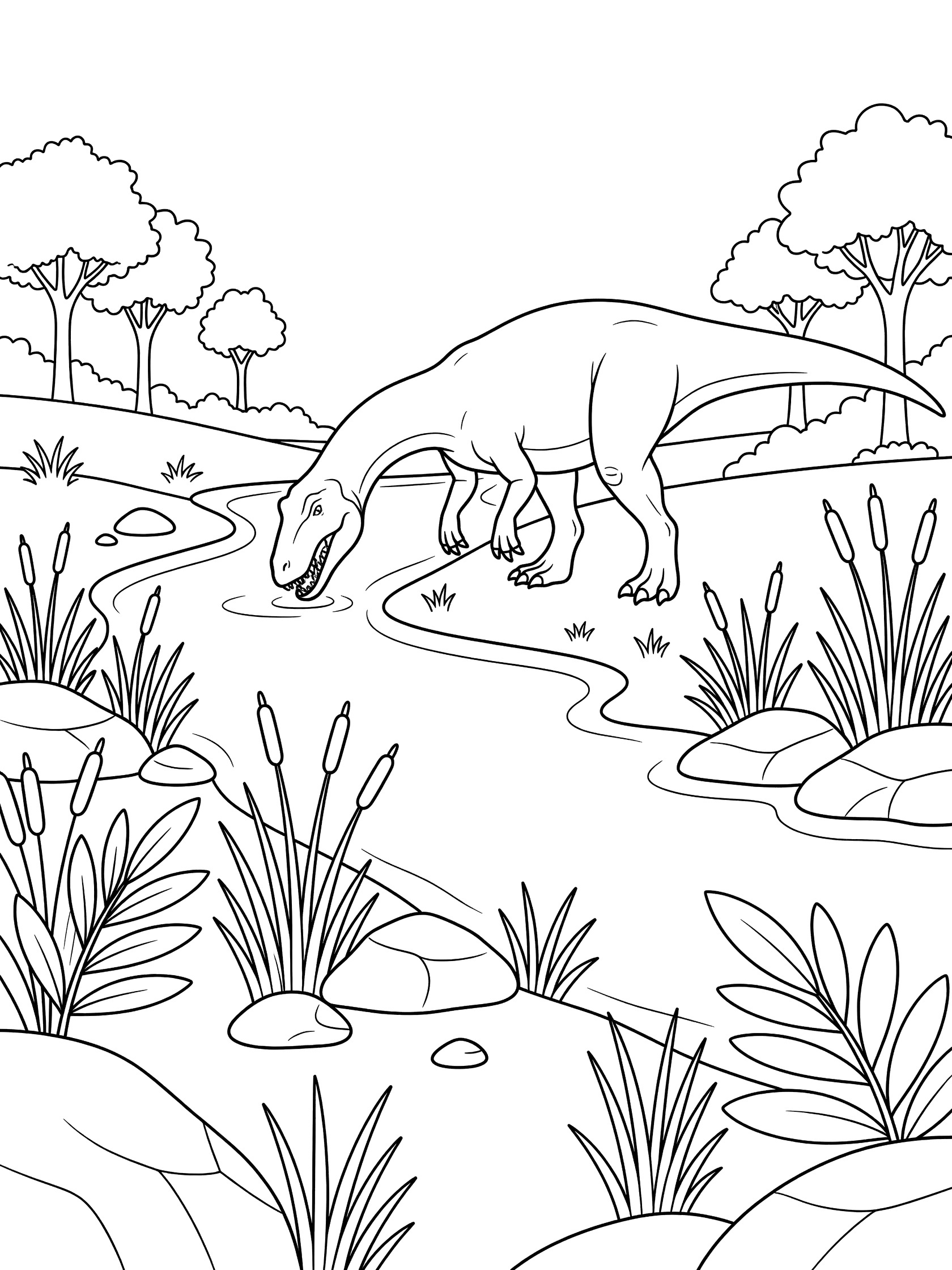 Black and white coloring page of a Giganotosaurus dinosaur by a river with reeds, rocks, and trees