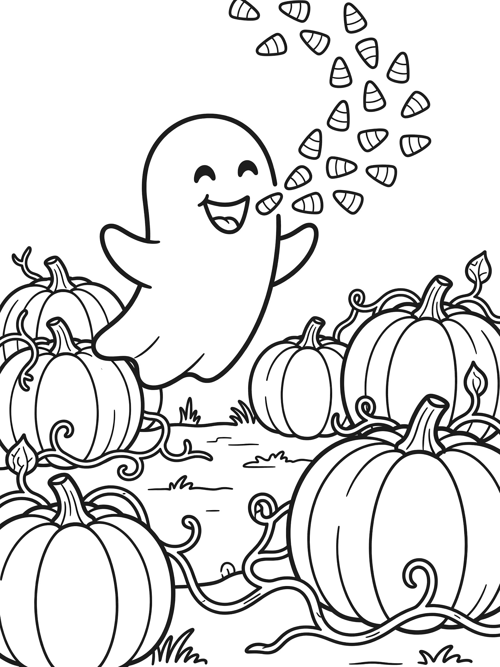 Line art coloring page showing a giggling ghost blowing a stream of candy corn pieces while floating above oversized pumpkins and vines in a patch.