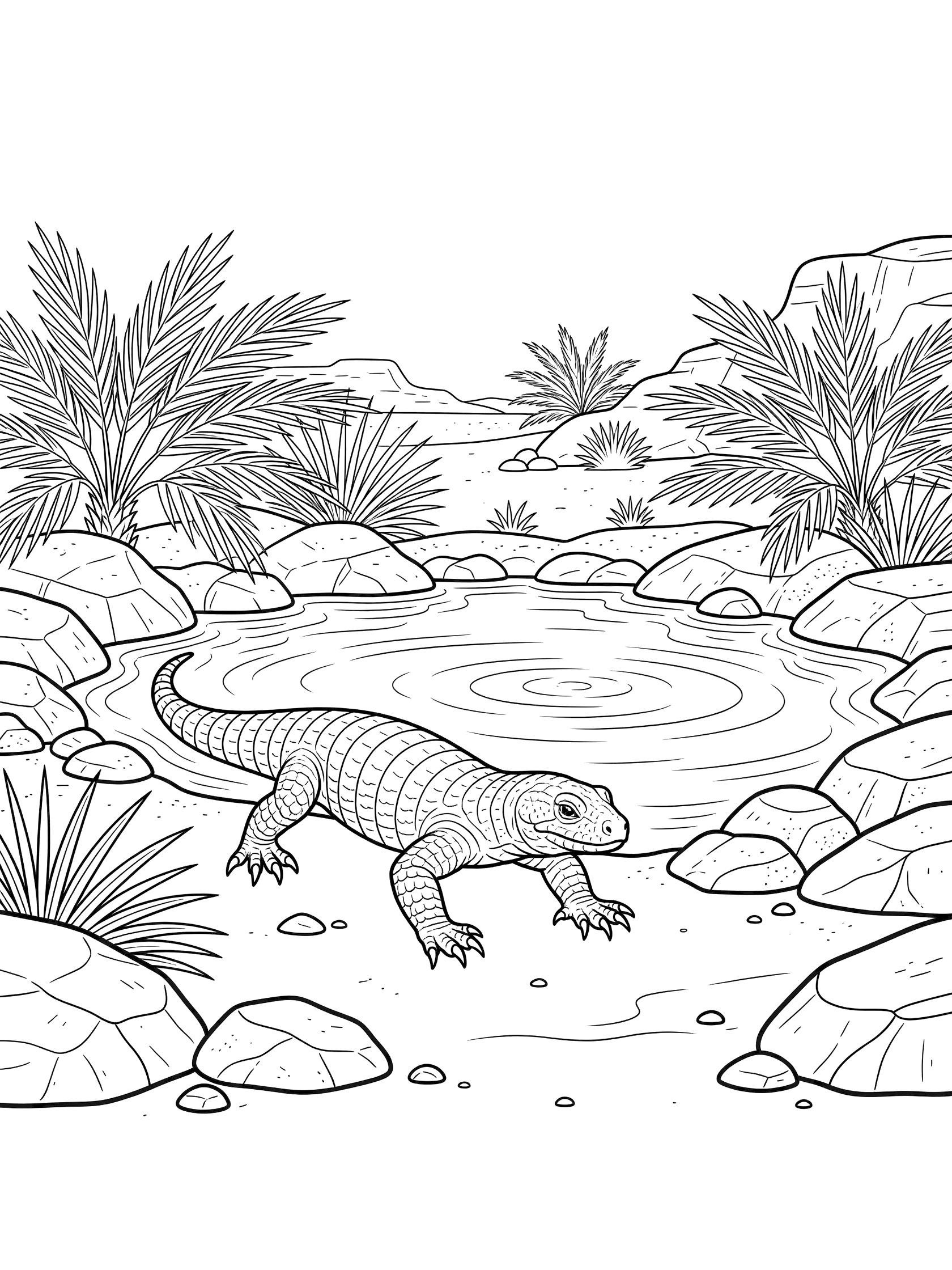 Black and white coloring page of a Gila monster lizard walking toward a small pond surrounded by rocks and palm leaves. Komodo Dragon themed black and white printable line art