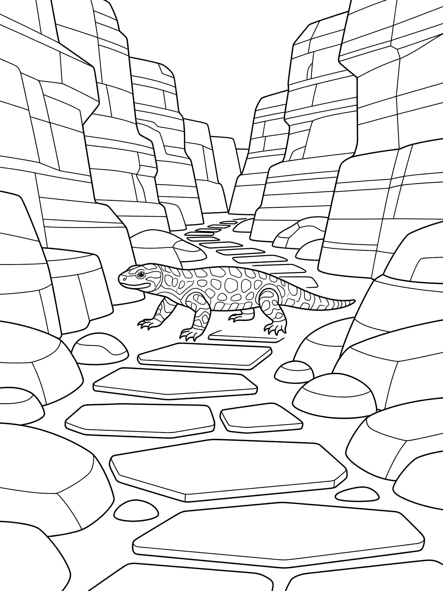 Black and white line art coloring page showing a patterned Gila monster lizard walking on stone path through steep layered canyon walls with boulders.