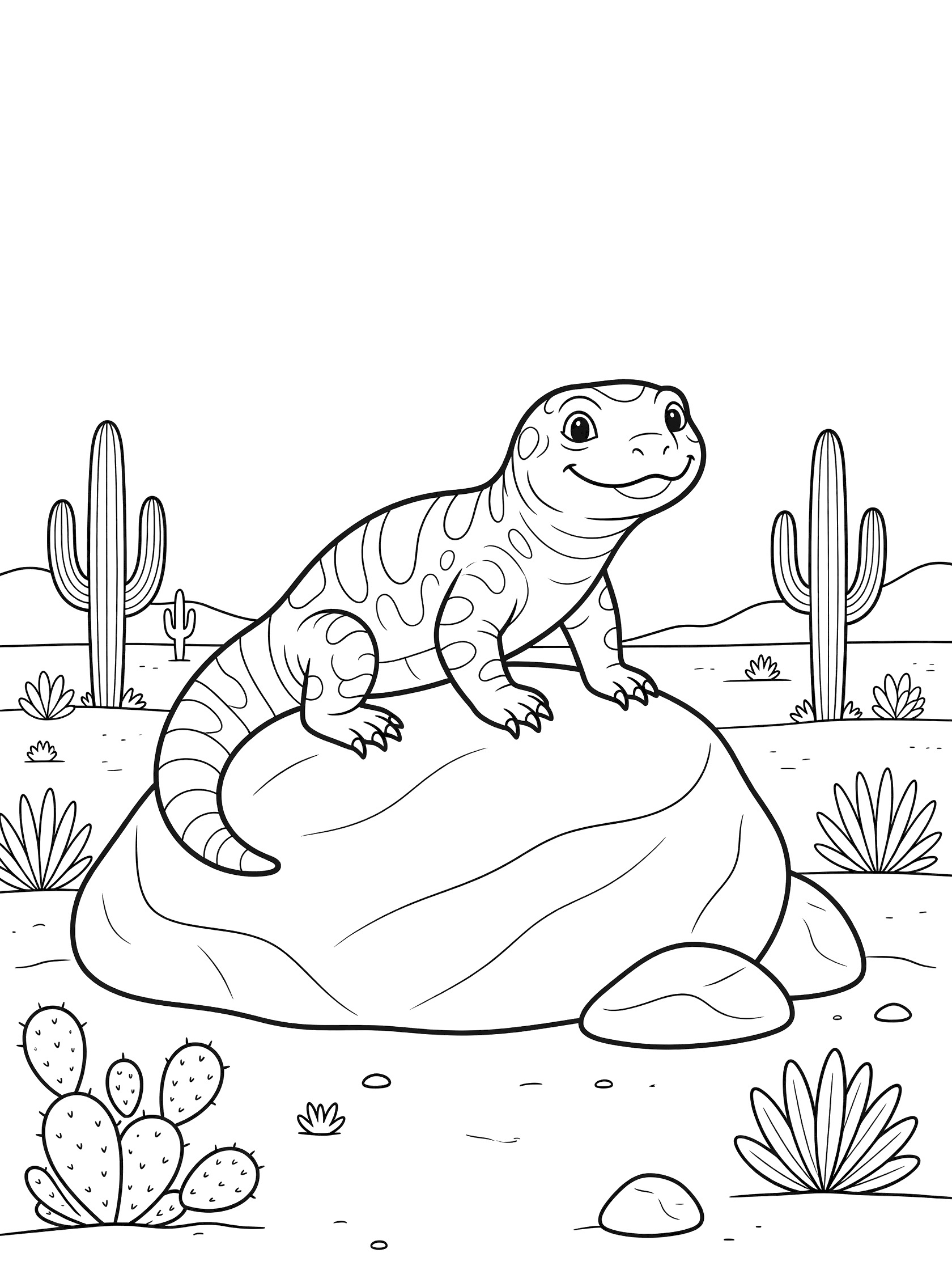 Black and white line art coloring page showing a friendly Gila monster lizard perched on a large rock with tall cacti and simple desert plants around it.