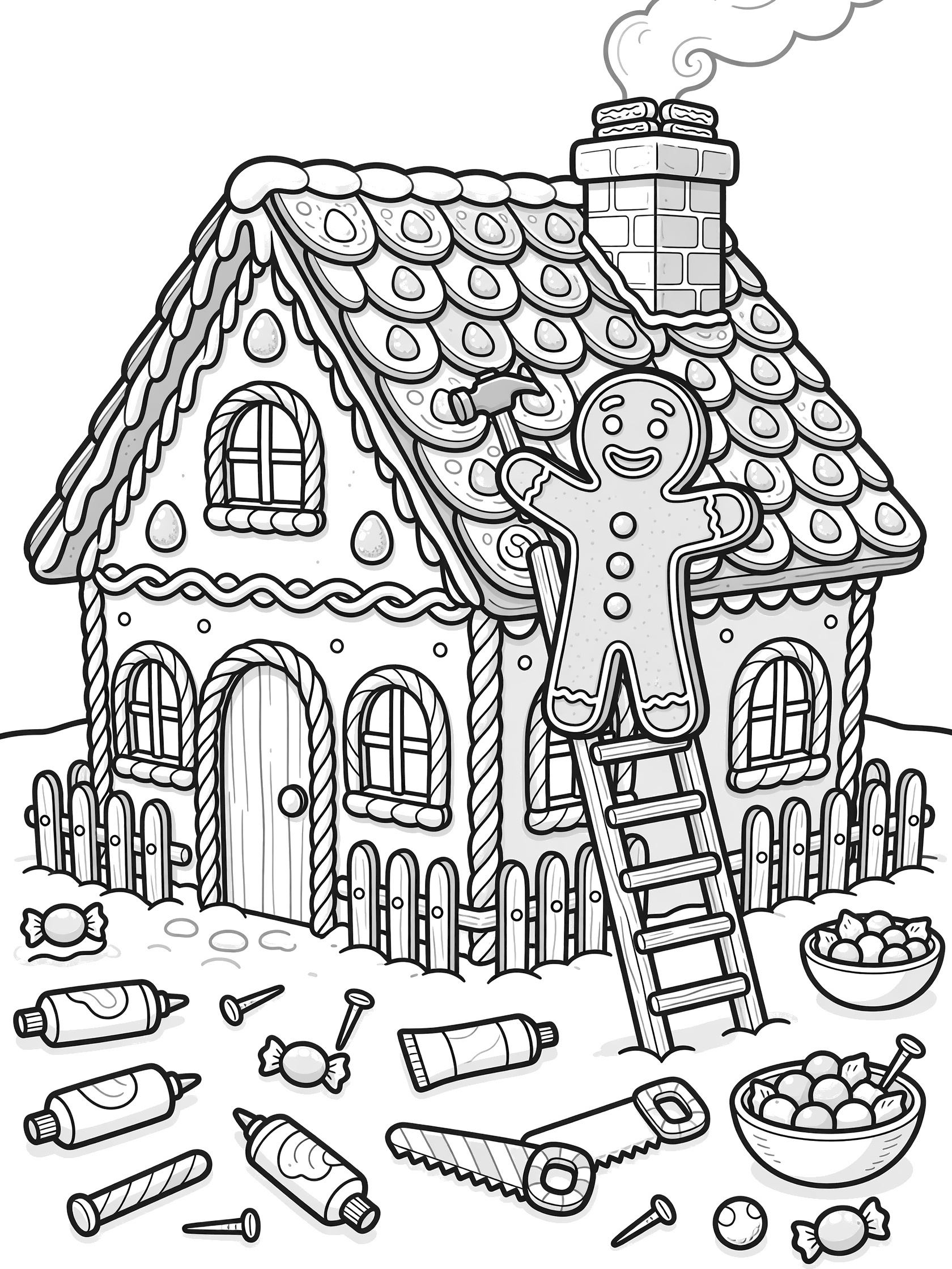 Gingerbread man with button eyes and icing smile on ladder building gingerbread house with gumdrop windows, pretzel fences, candy canes, and peppermint tools coloring page