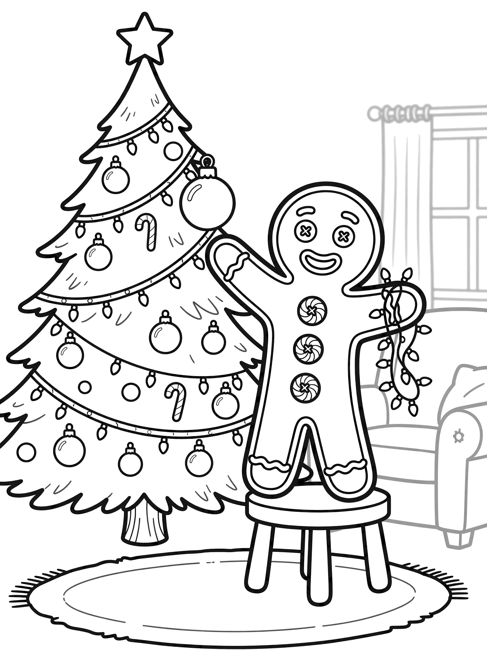 Black and white line art of a smiling gingerbread man with button eyes and candy buttons decorating a Christmas tree with baubles, candy canes, and lights while standing on a stool.