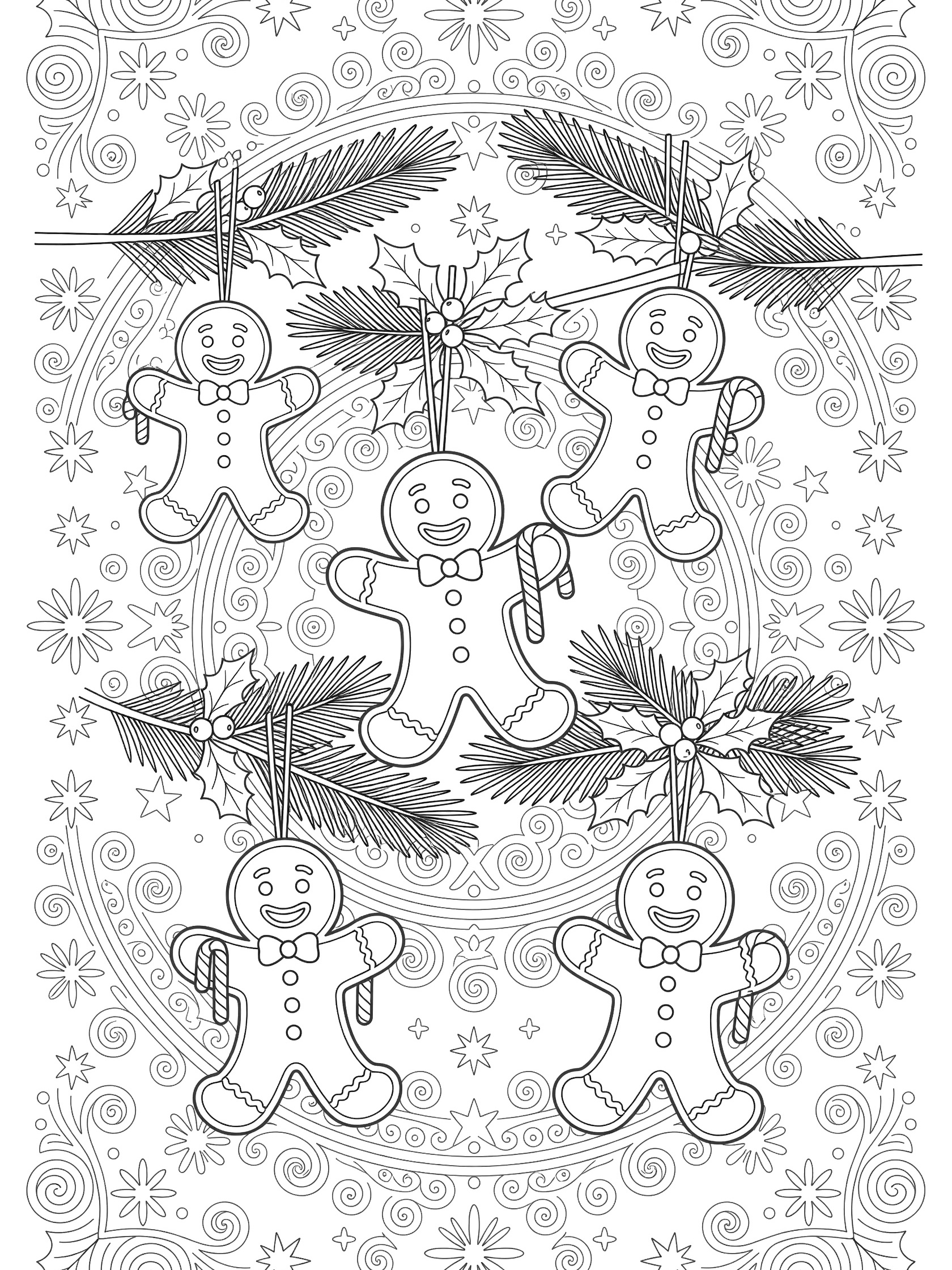 Printable coloring page showing cheerful gingerbread men as hanging Christmas ornaments with bow ties, candy canes, pine needles, holly leaves, and swirling star patterns.