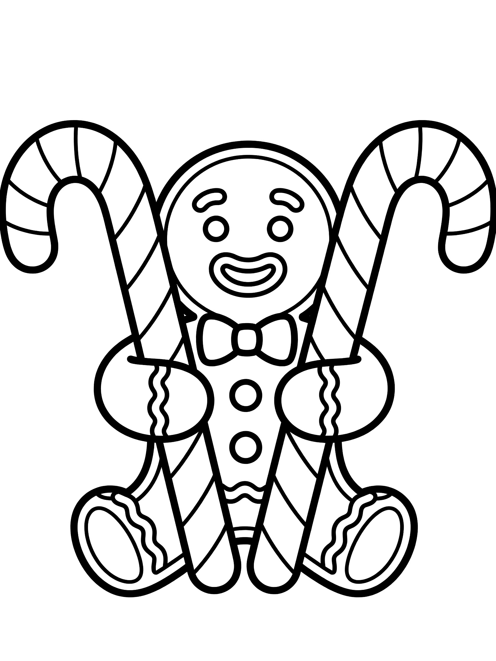 Black and white line art coloring page showing a happy gingerbread man sitting and hugging two large striped candy canes with icing buttons and bow tie.