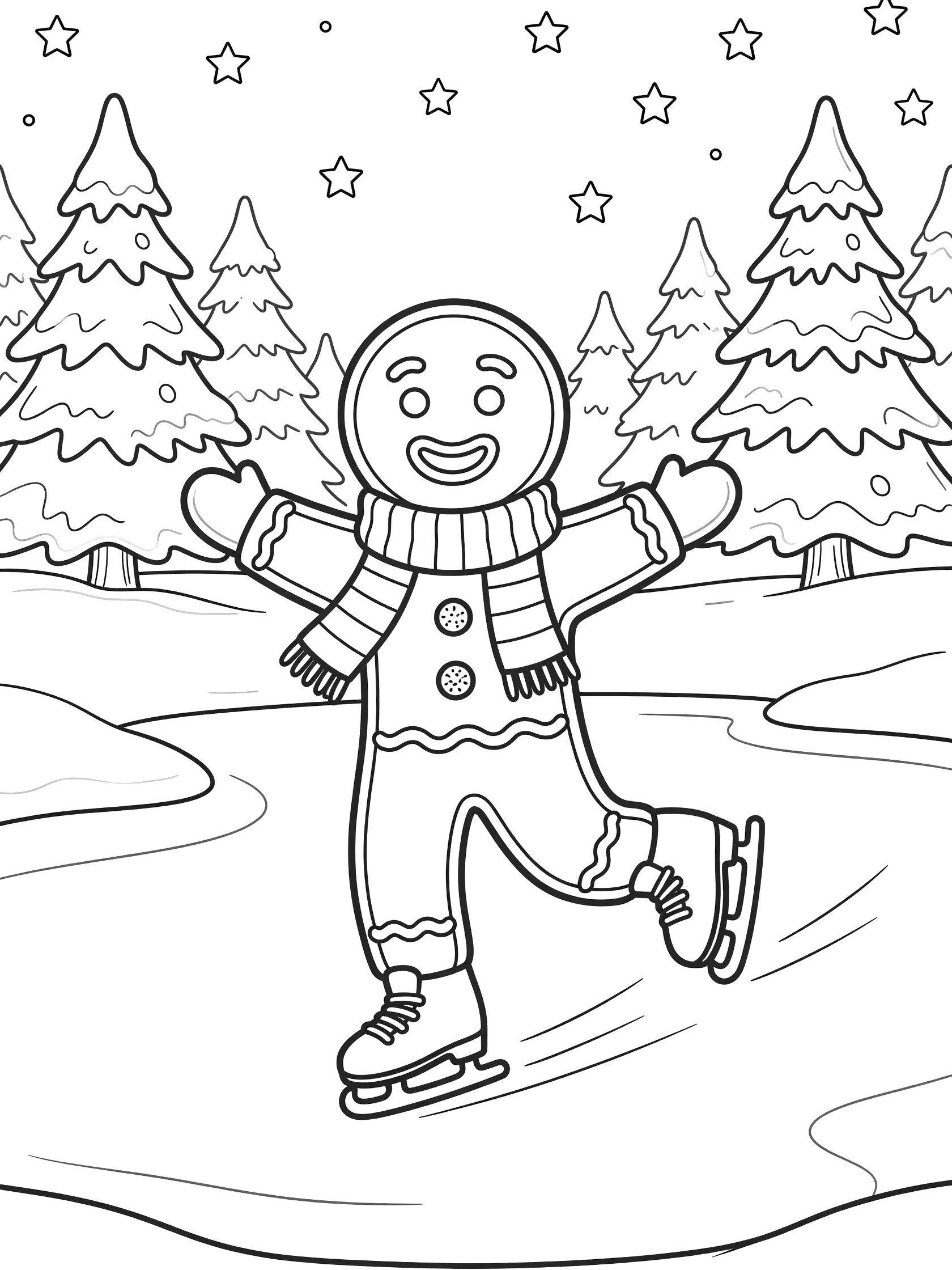 Black and white line art of a gingerbread man with smile, button eyes, scarf, and mittens ice skating on a pond in a snowy woodland with pine trees and stars.