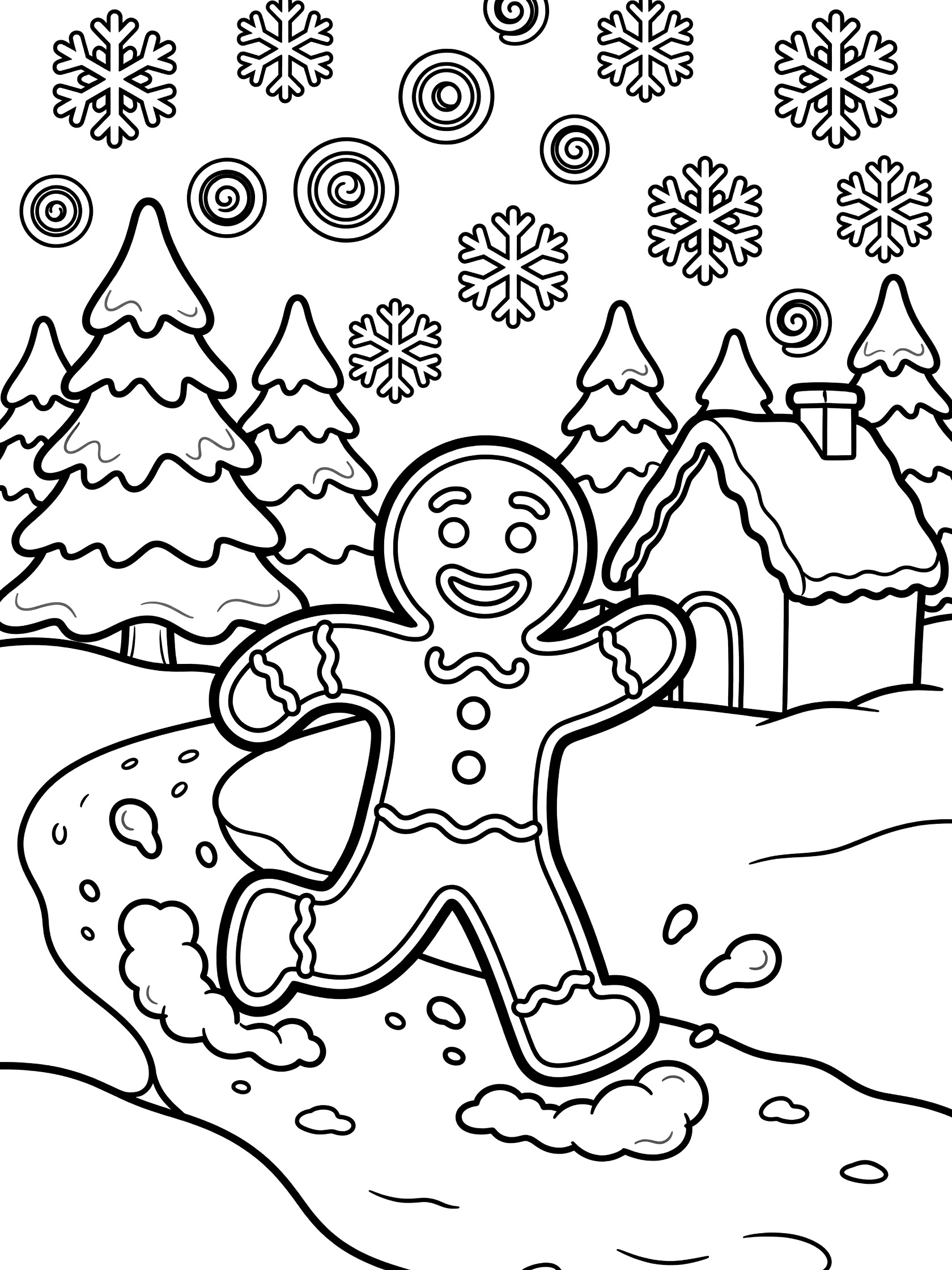 Black and white coloring page of a gingerbread man with icing and buttons running in deep snow, kicking up snow, near snow-covered trees and a gingerbread house under falling snowflakes.