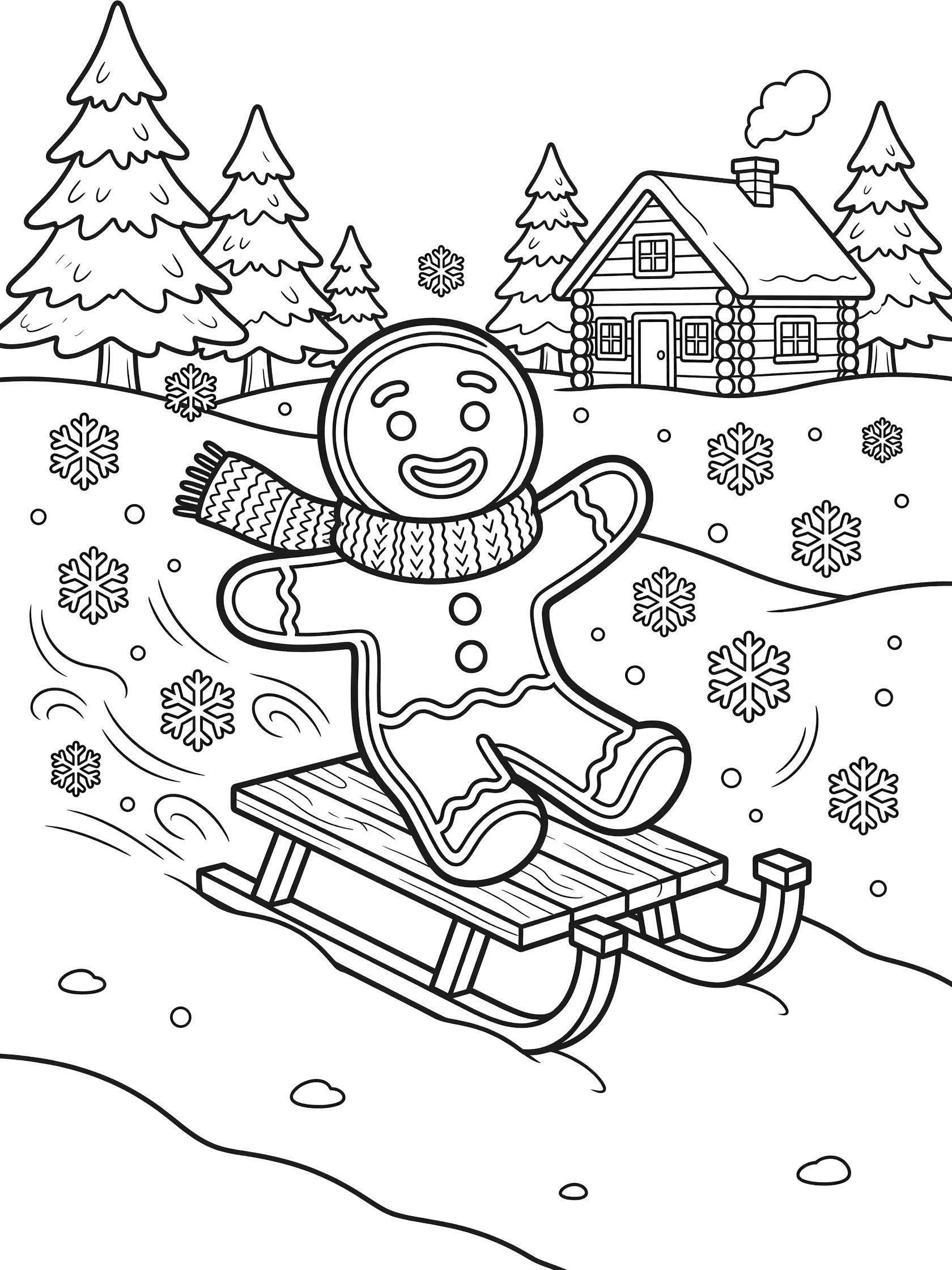 Cute cartoon gingerbread man sledding down snowy hill with wooden sled, red scarf, button eyes, smiling face, surrounded by snowflakes, pine trees, and cabin