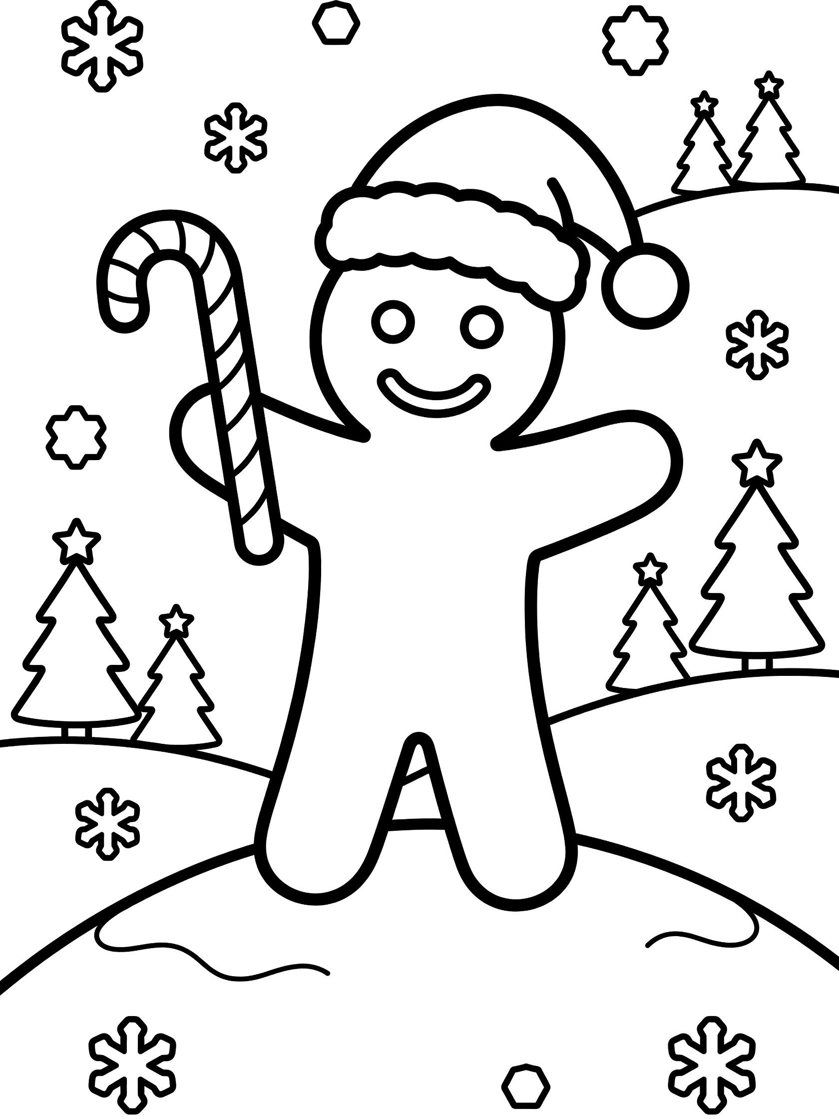 Simple line art coloring page showing a gingerbread man with button eyes, smile, fluffy Santa hat and pom-pom, holding striped candy cane, standing on snowy hill with geometric snowflakes and star-topped Christmas trees in background.