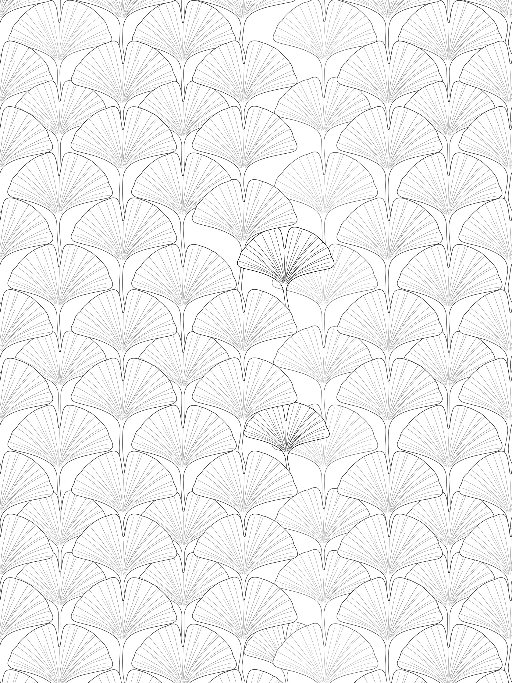 Black and white coloring page with repeating geometric ginkgo leaves in symmetrical fan shapes interlocking across a white background.