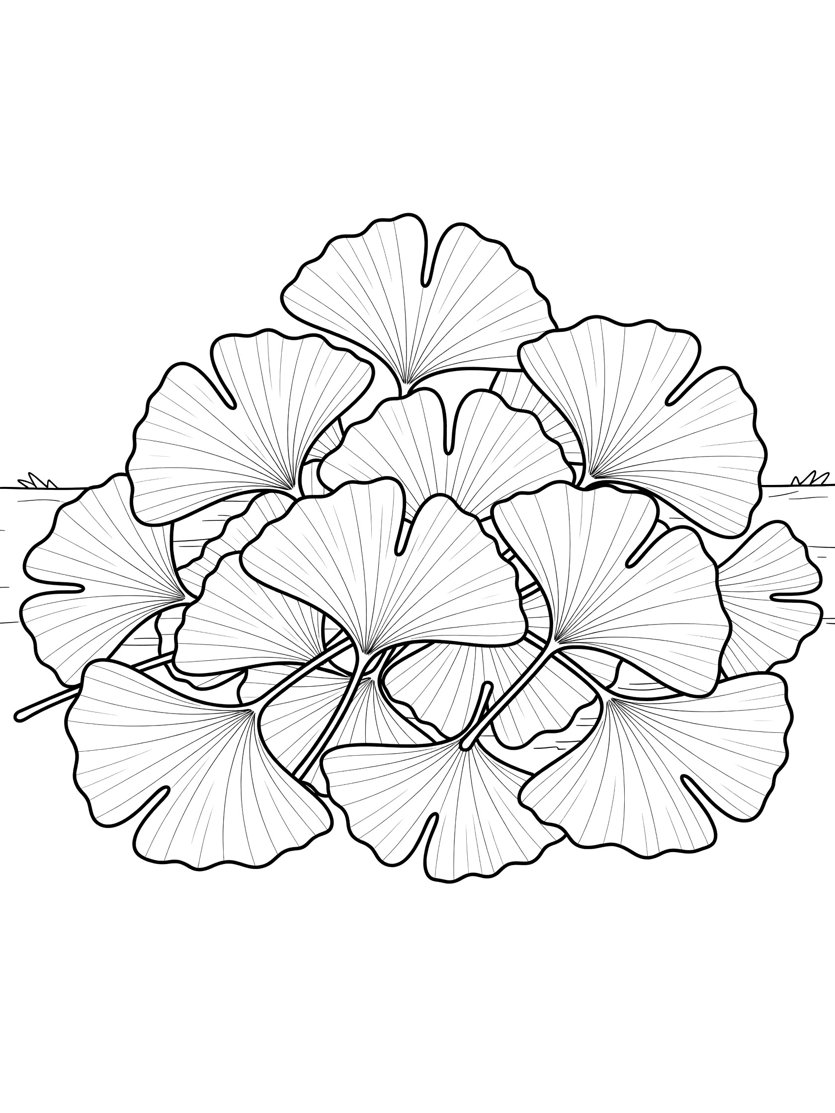 Black and white line art coloring page showing a pile of overlapping ginkgo leaves with rounded fan shapes and visible veins on white background. Ginkgo Leaf themed black and white printable line art