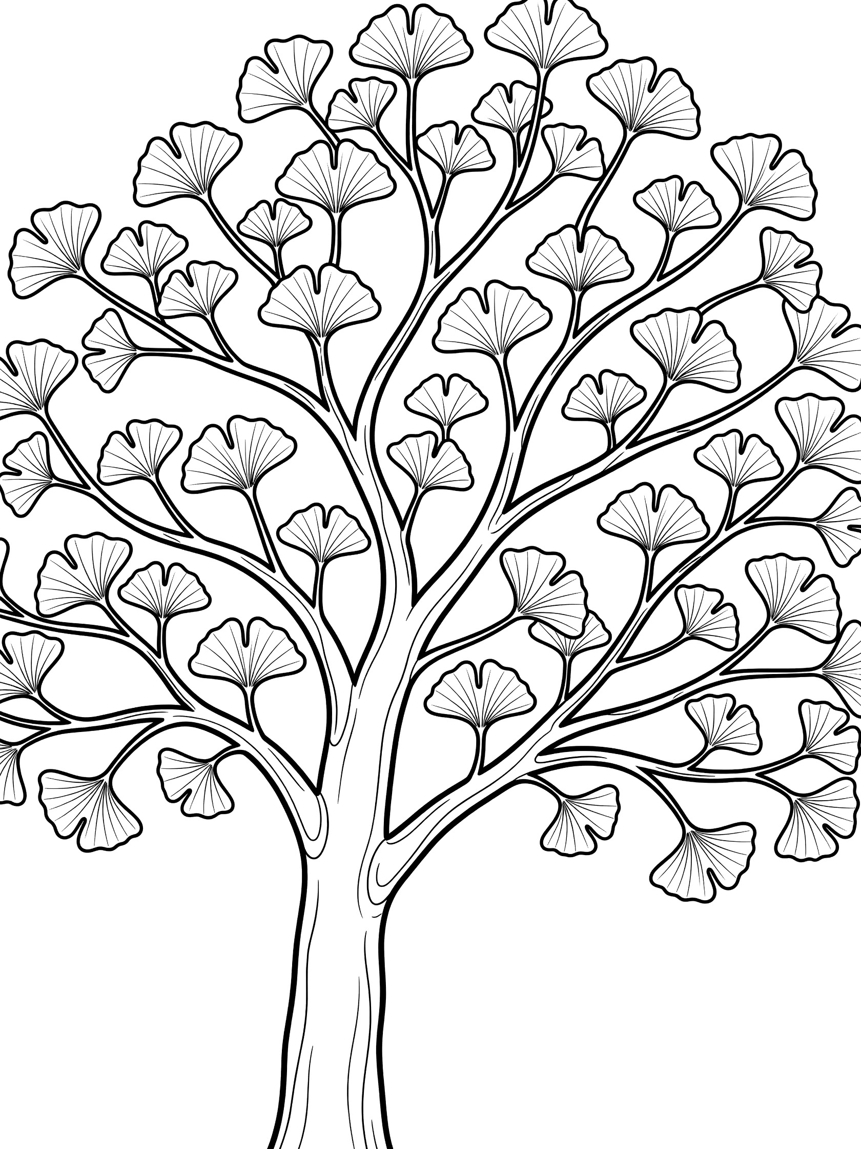 Black and white line art coloring page of a ginkgo tree with fan leaves, thick trunk, branches, and ground line on white background. Ginkgo Leaf themed black and white printable line art