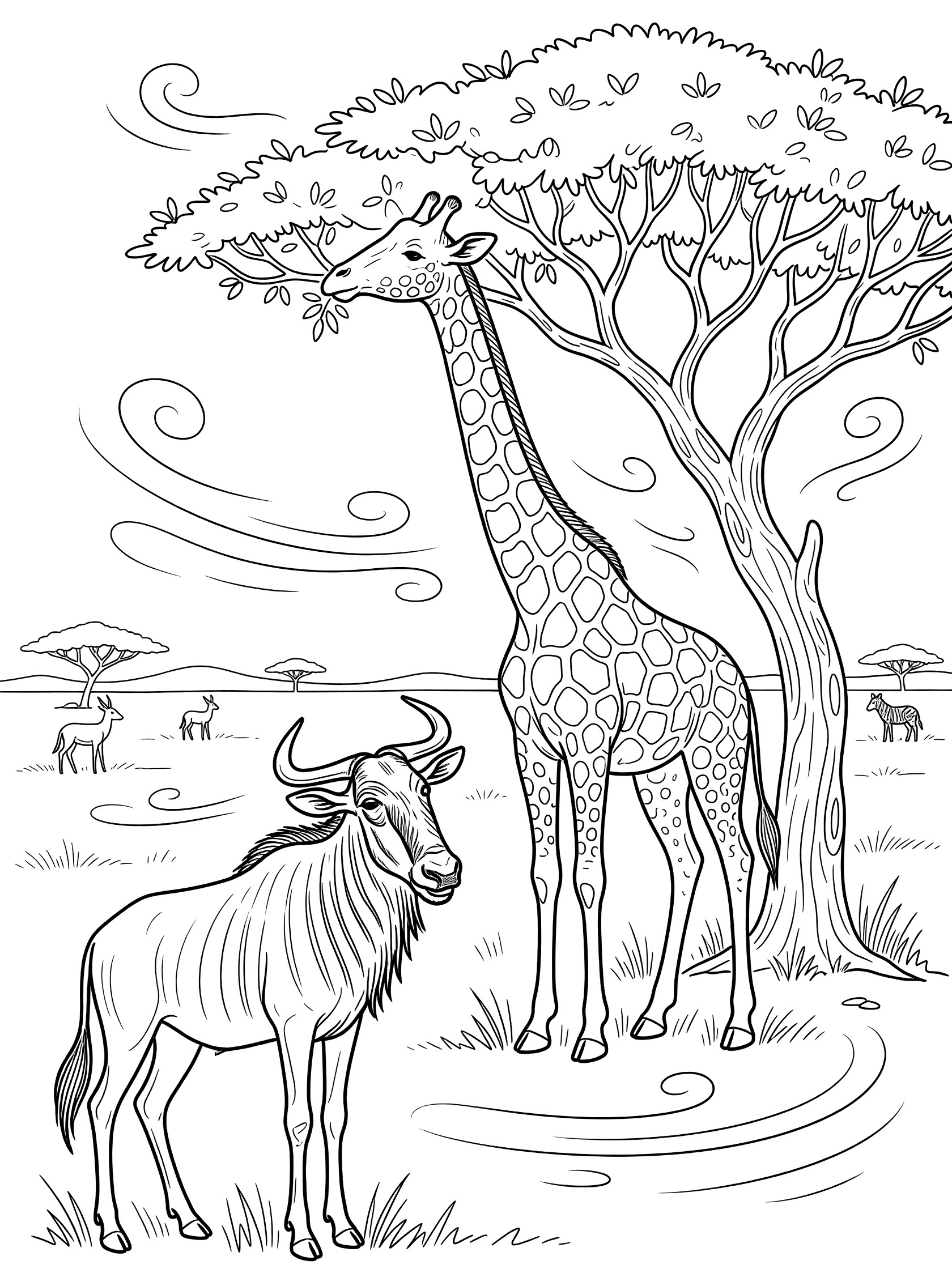 Black and white line drawing coloring page showing a tall giraffe eating leaves from an acacia tree, a wildebeest looking up, swirling winds, and distant savanna animals.