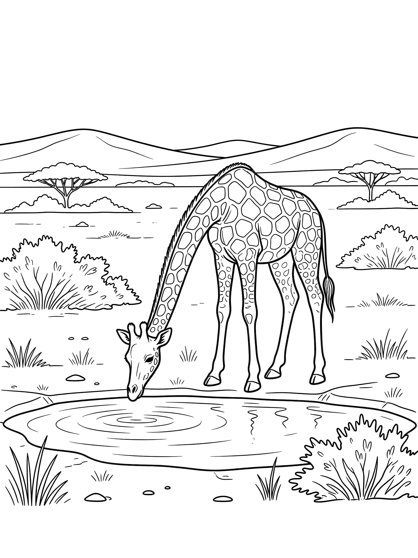 Black and white line art coloring page showing a giraffe bending its long neck to drink from a round waterhole surrounded by savanna bushes, grass, rocks, distant hills, and sparse trees.