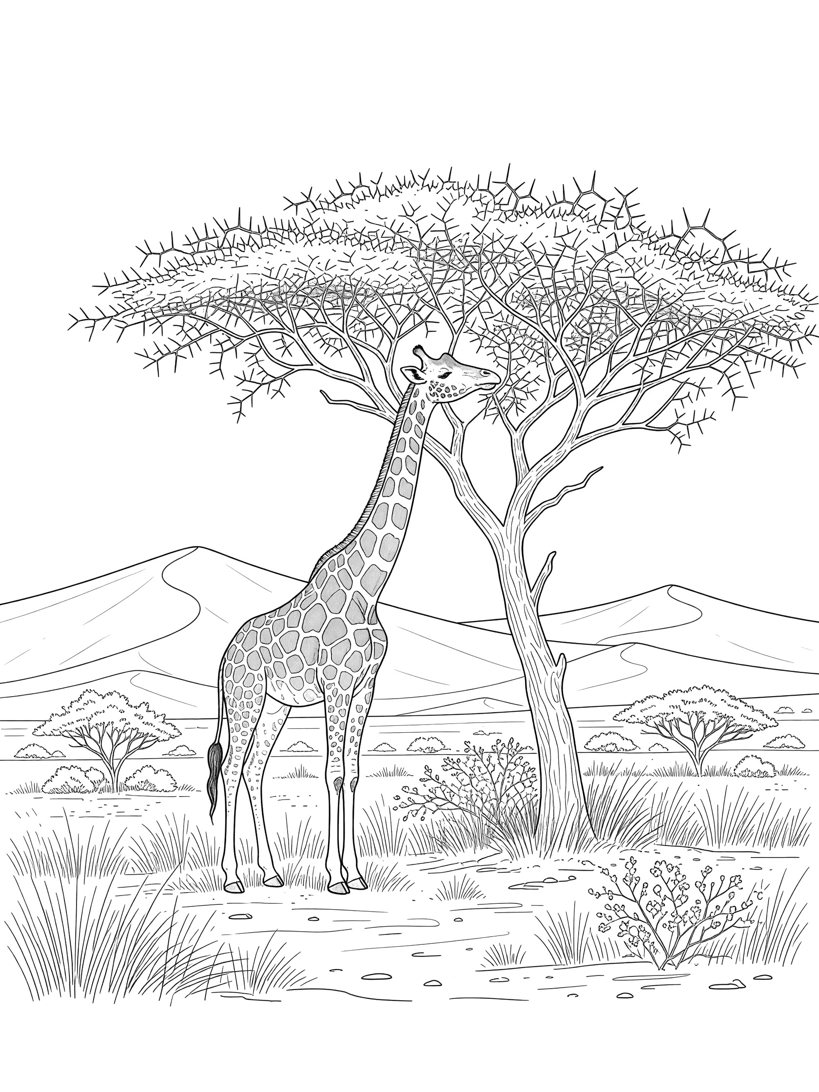 Black and white line drawing of a tall giraffe browsing thorny acacia tree leaves beside red dunes and dry grass in the Kalahari Desert