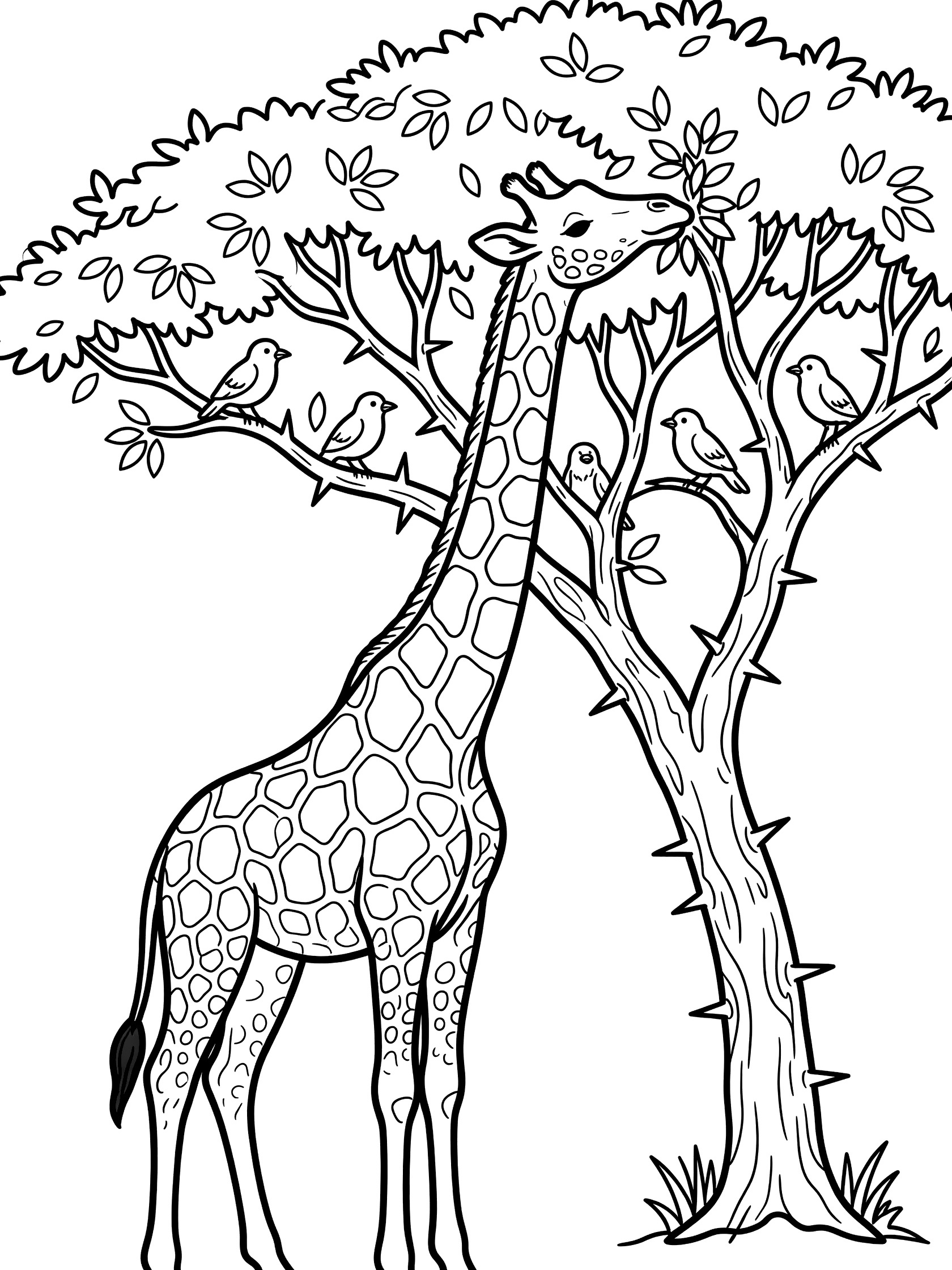Black and white line art coloring page showing a tall giraffe with long neck eating leaves from a thorny tree while small birds perch on branches nearby. African Jungle themed black and white printable line art