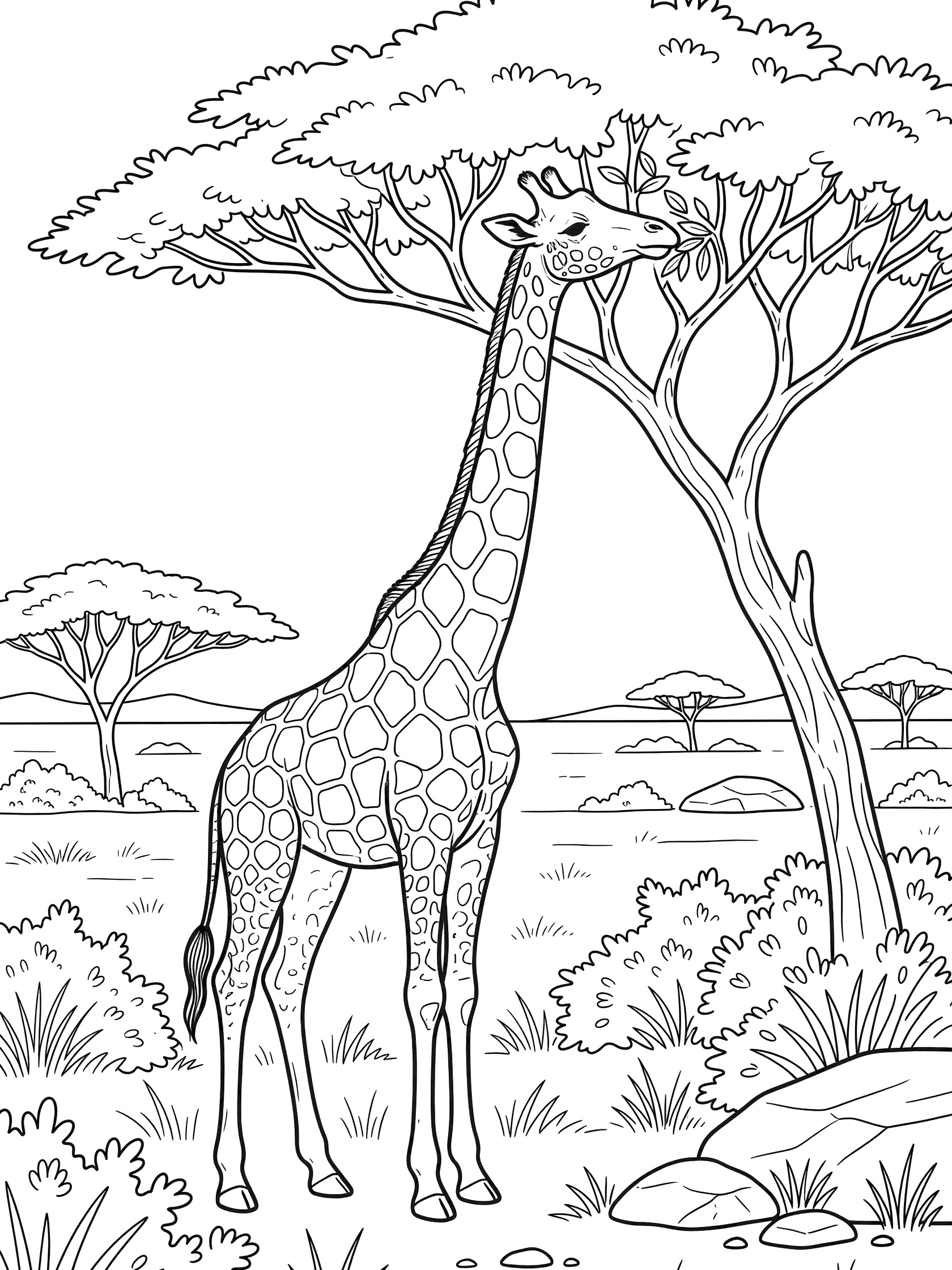 Black and white line art coloring page showing a giraffe with long neck eating leaves from a tall tree, surrounded by bushes, rocks, and more trees on a white background.