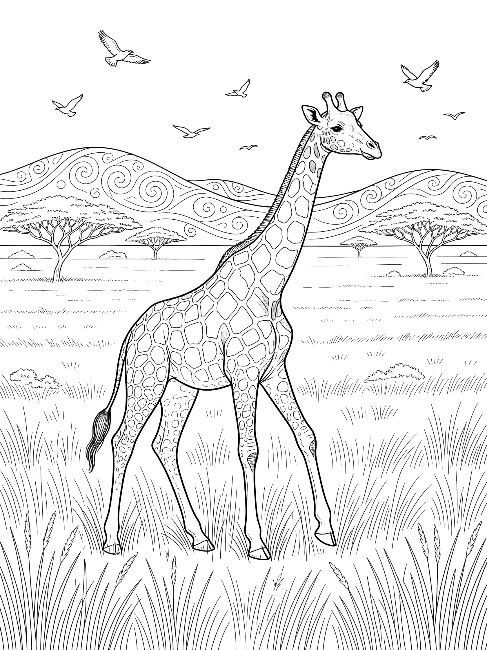 Black and white line art coloring page showing a giraffe striding in tall grass, with flying birds, acacia trees, and patterned hills in the background.