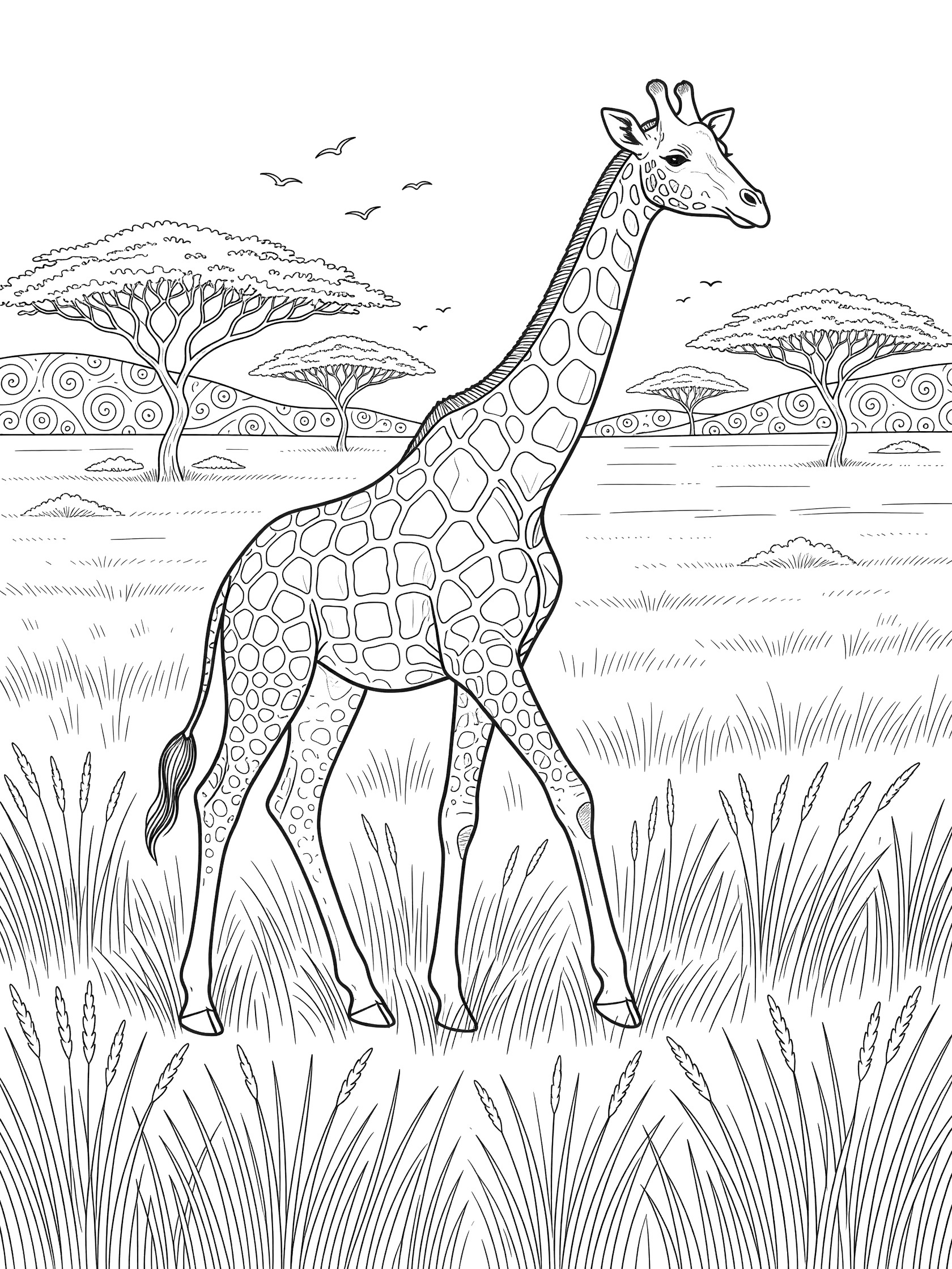Black and white line art coloring page showing a giraffe striding through tall grass, acacia trees, flying birds, and patterned hills.
