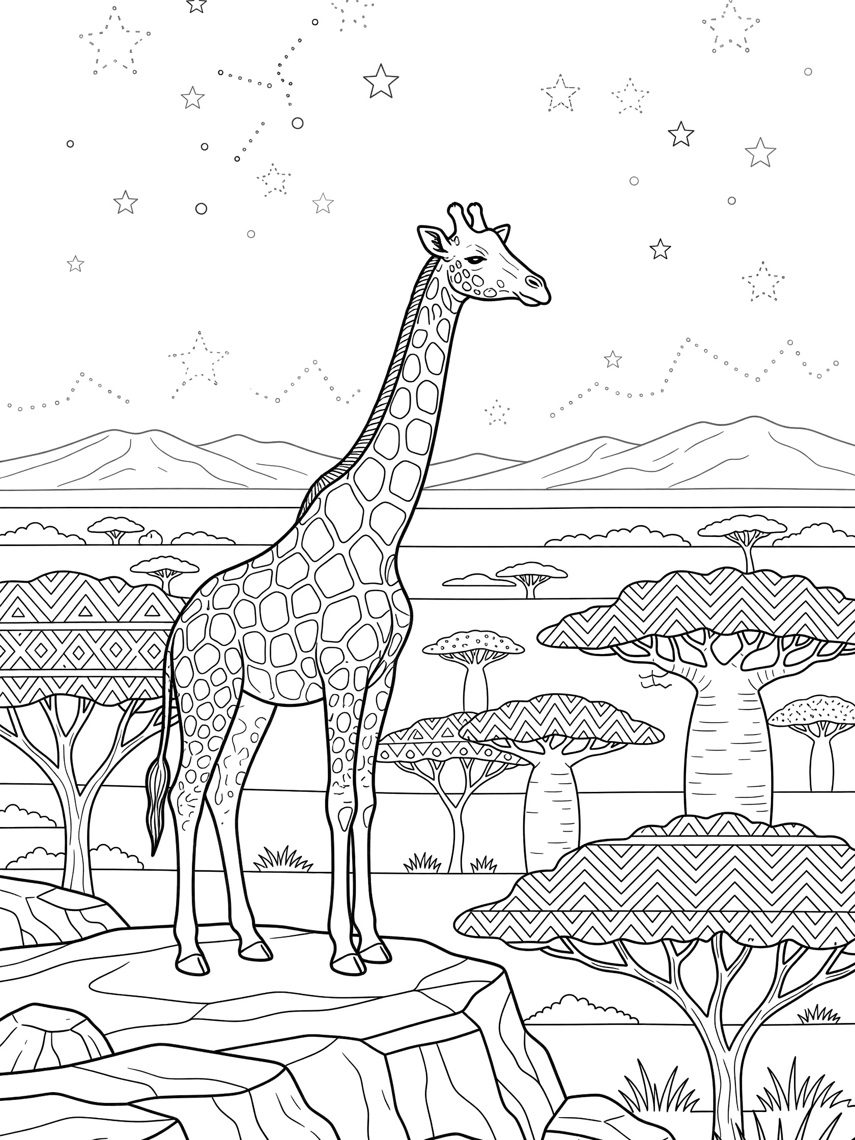 Black and white line art of a giraffe on a rocky outcrop overlooking savanna with patterned baobab trees, mountains, and starry sky.