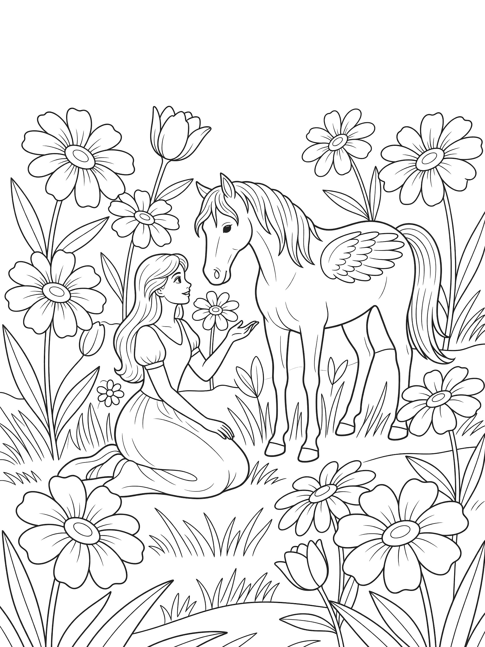 Black and white line art coloring page showing a girl in a dress kneeling next to a winged horse nuzzling her hand, surrounded by large flowers and grass.