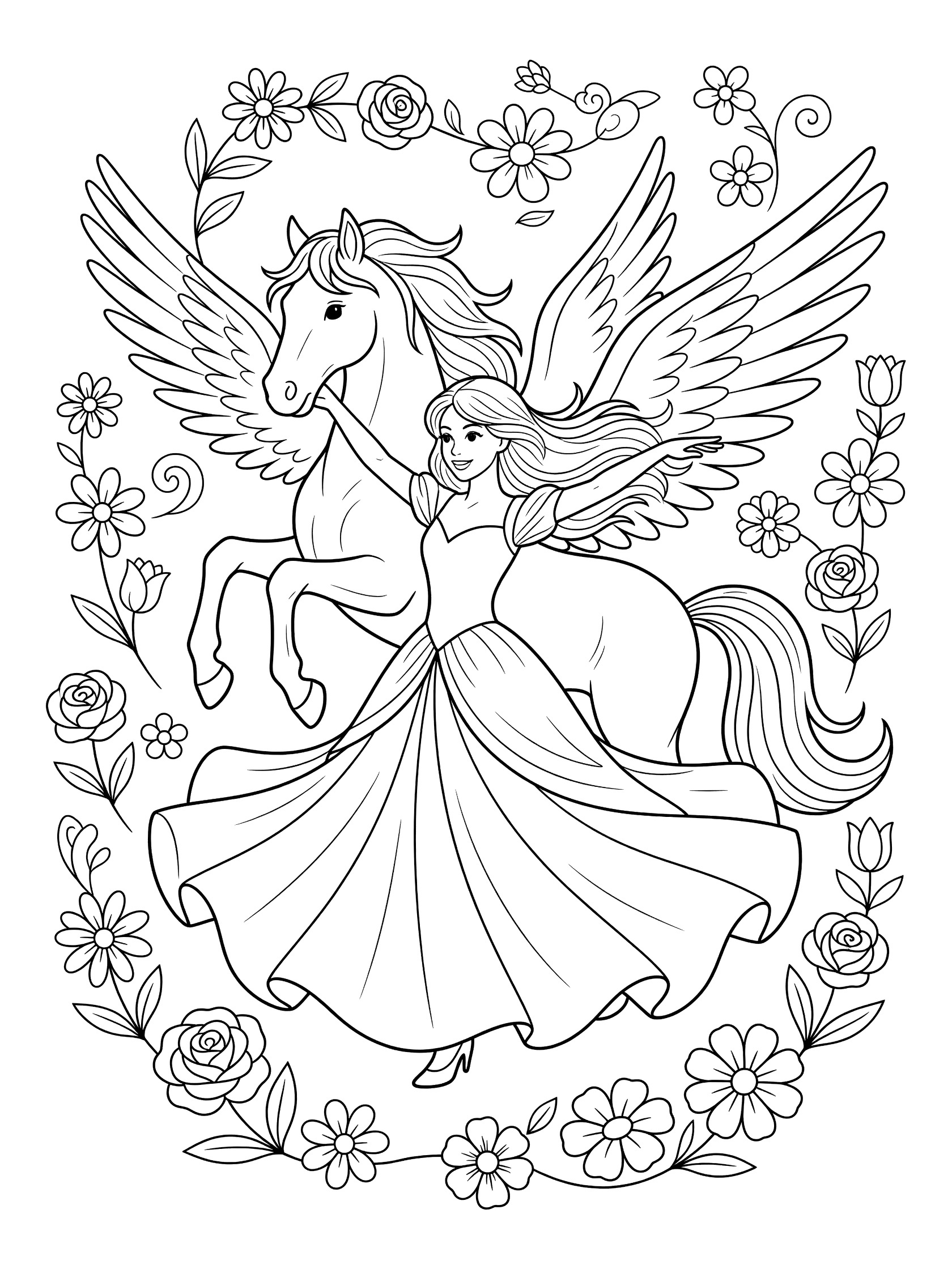 Black and white line art coloring page showing a girl with long hair and flowing dress twirling next to a rearing winged unicorn with spread wings, surrounded by floating flowers. Pegasus themed black and white printable line art