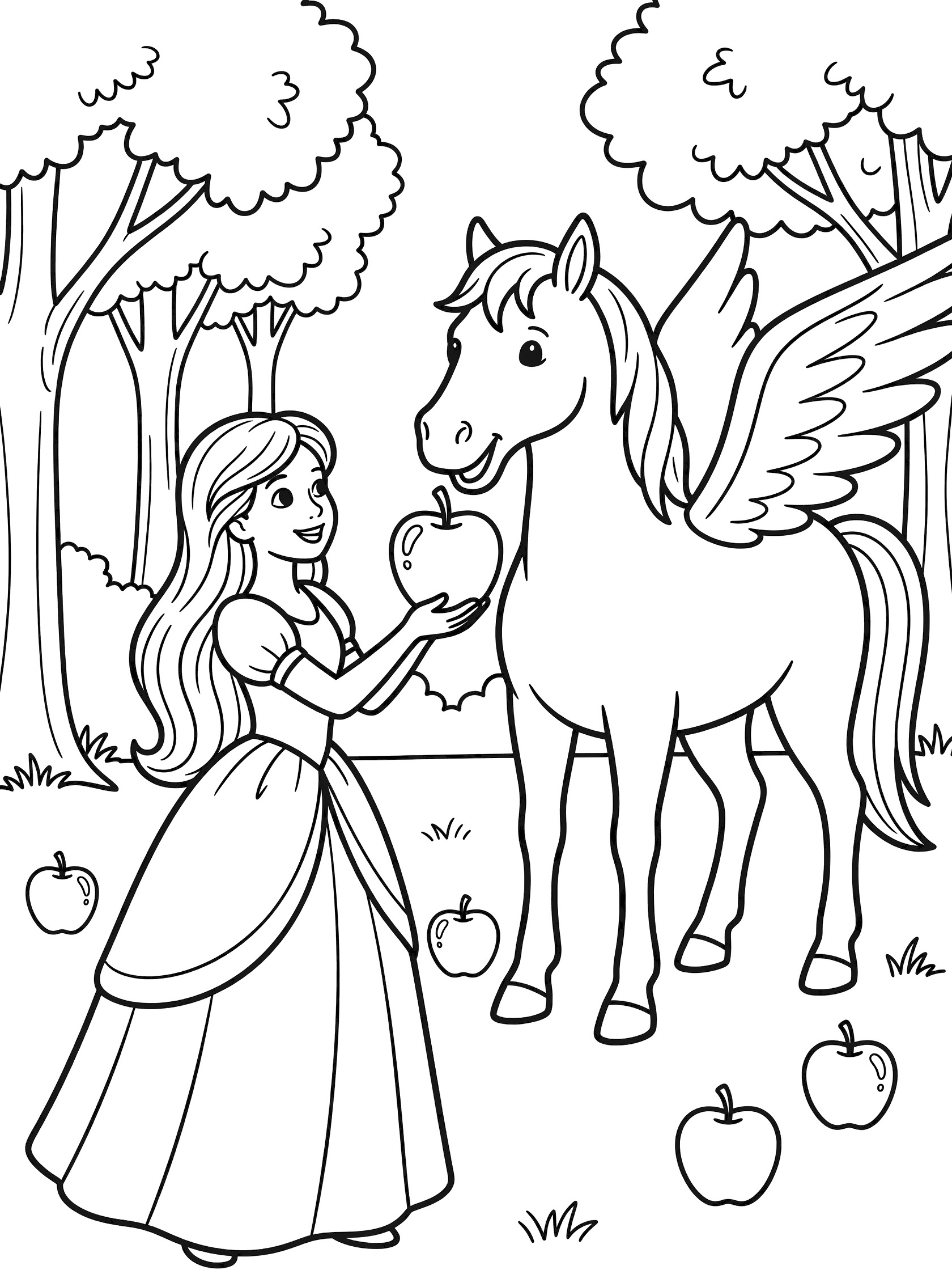 Black and white line art coloring page showing a girl holding an apple for a pegasus with wings to eat, apples on the ground, and trees behind them.