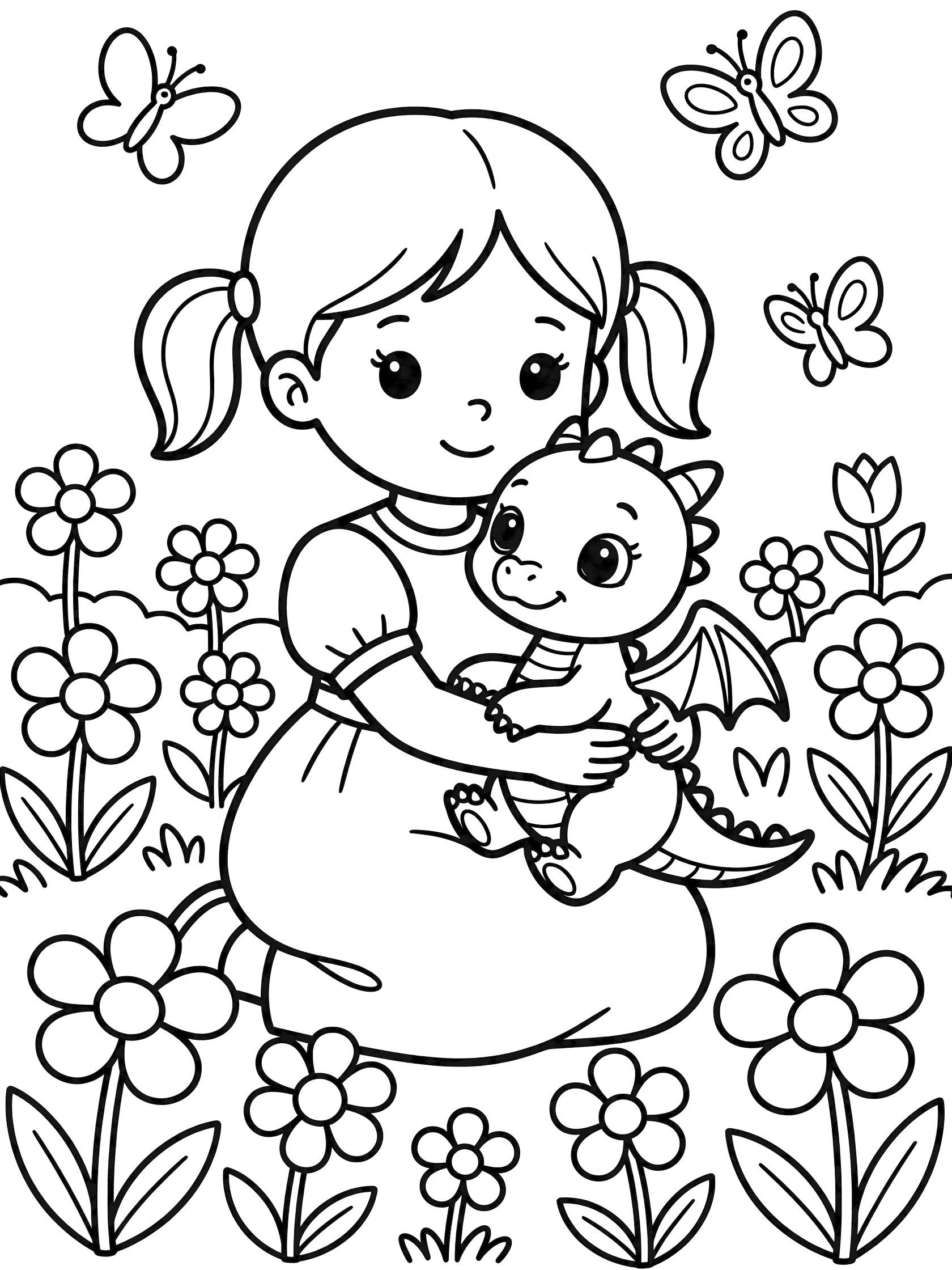 Black and white line art coloring page showing a girl with pigtails and dress hugging a baby dragon with big eyes and wings, with flowers and butterflies around them