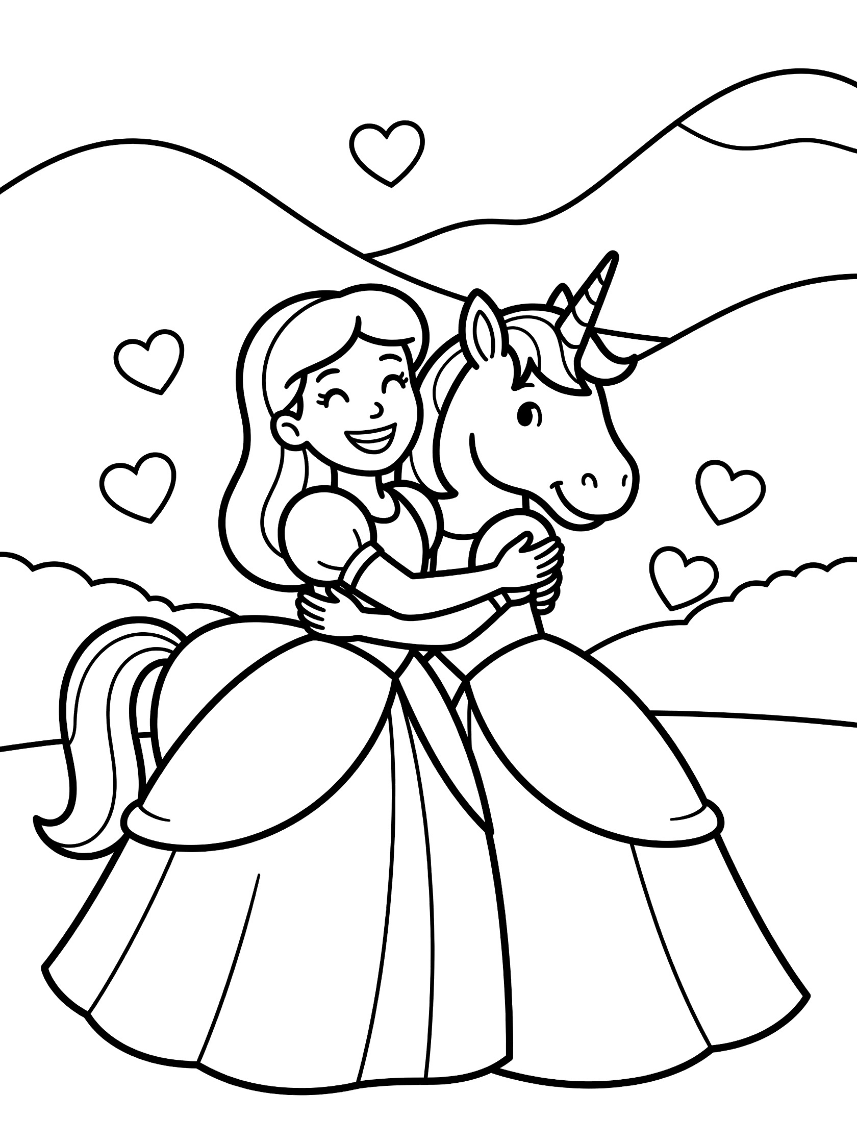 Black and white line art coloring page showing a smiling girl in a dress hugging a unicorn's neck, with hills, trees, and floating hearts in the background.