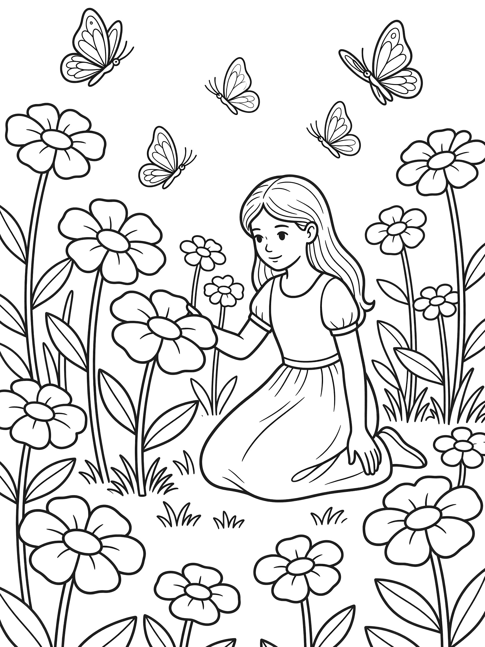Black and white line art coloring page showing a girl in a dress kneeling to pick large flowers surrounded by hovering butterflies and garden plants.