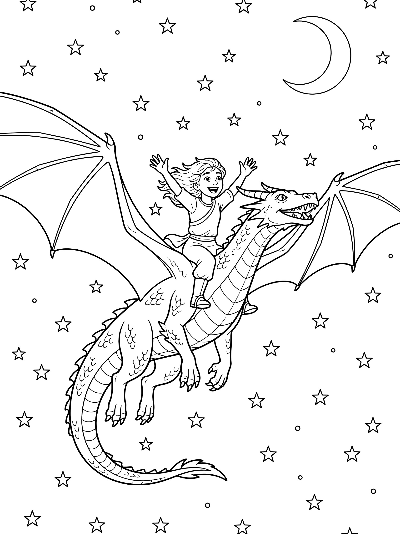 Black and white line art coloring page showing a joyful girl with flowing hair riding a large winged dragon flying through a night sky filled with stars and a crescent moon. Dragon Rider themed black and white printable line art