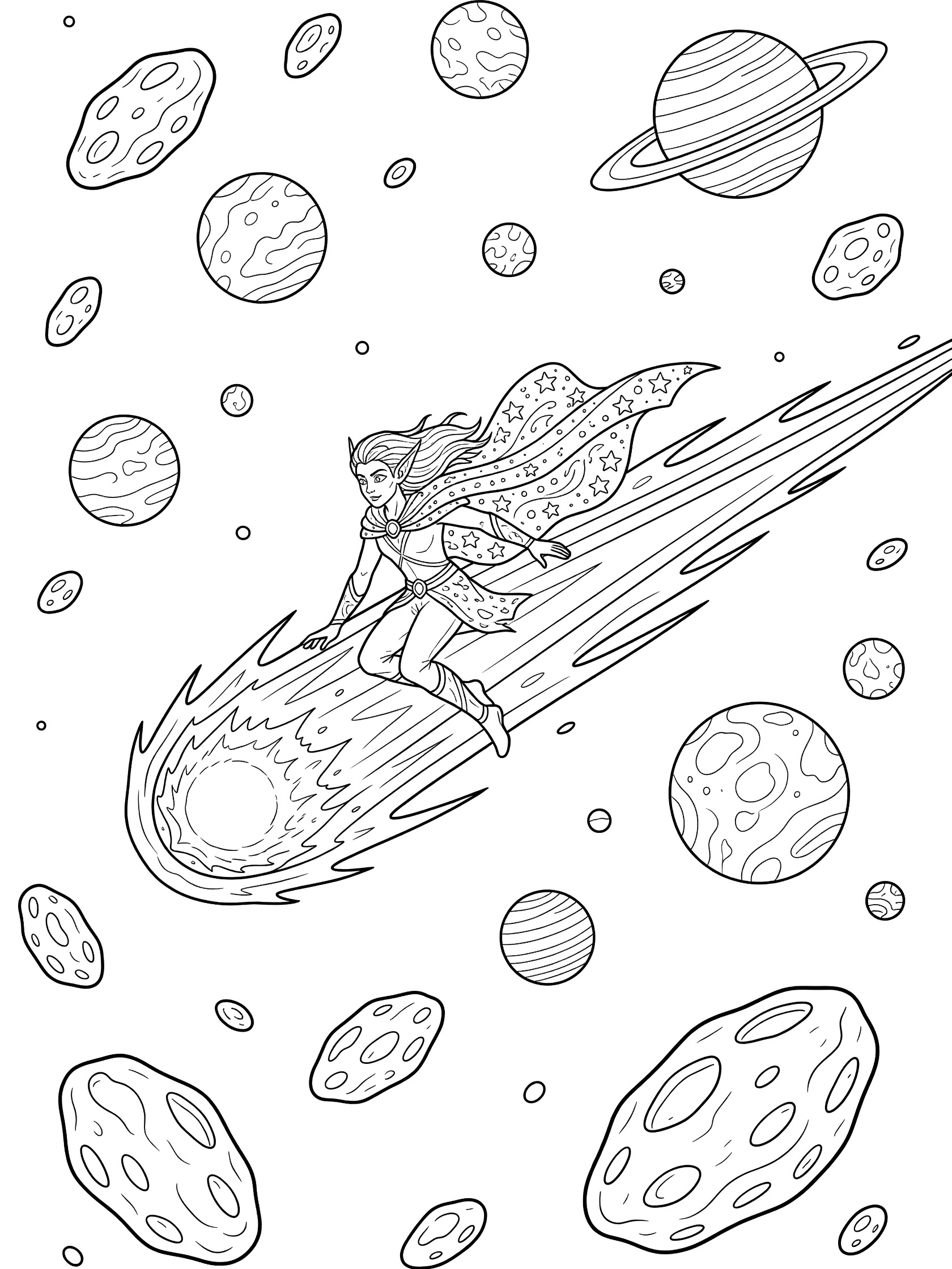 Black and white line art coloring page showing a girl with long hair, pointed ears, and flowing cape riding a streaking comet with tail and flames through space surrounded by round asteroids and ringed and spotted planets. Astral Elves themed black and white printable line art