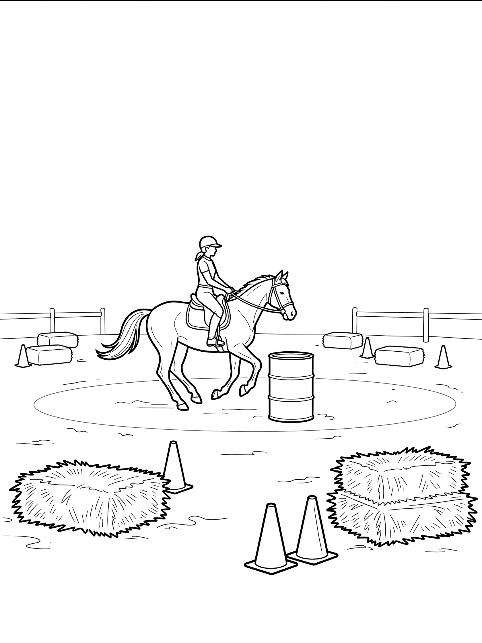 Black and white line art coloring page showing a girl in a helmet riding a horse circling a barrel in an arena with traffic cones and hay bales. Barrel Racing themed black and white printable line art
