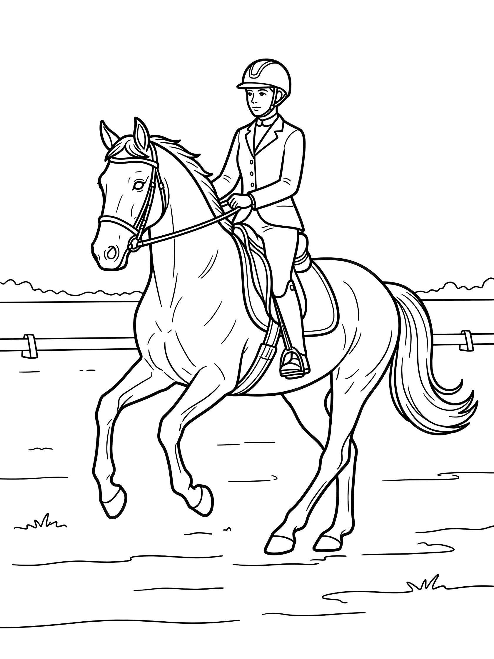 Black and white line art coloring page showing a girl in riding clothes and helmet sitting on a horse with high knees in a field with fences.