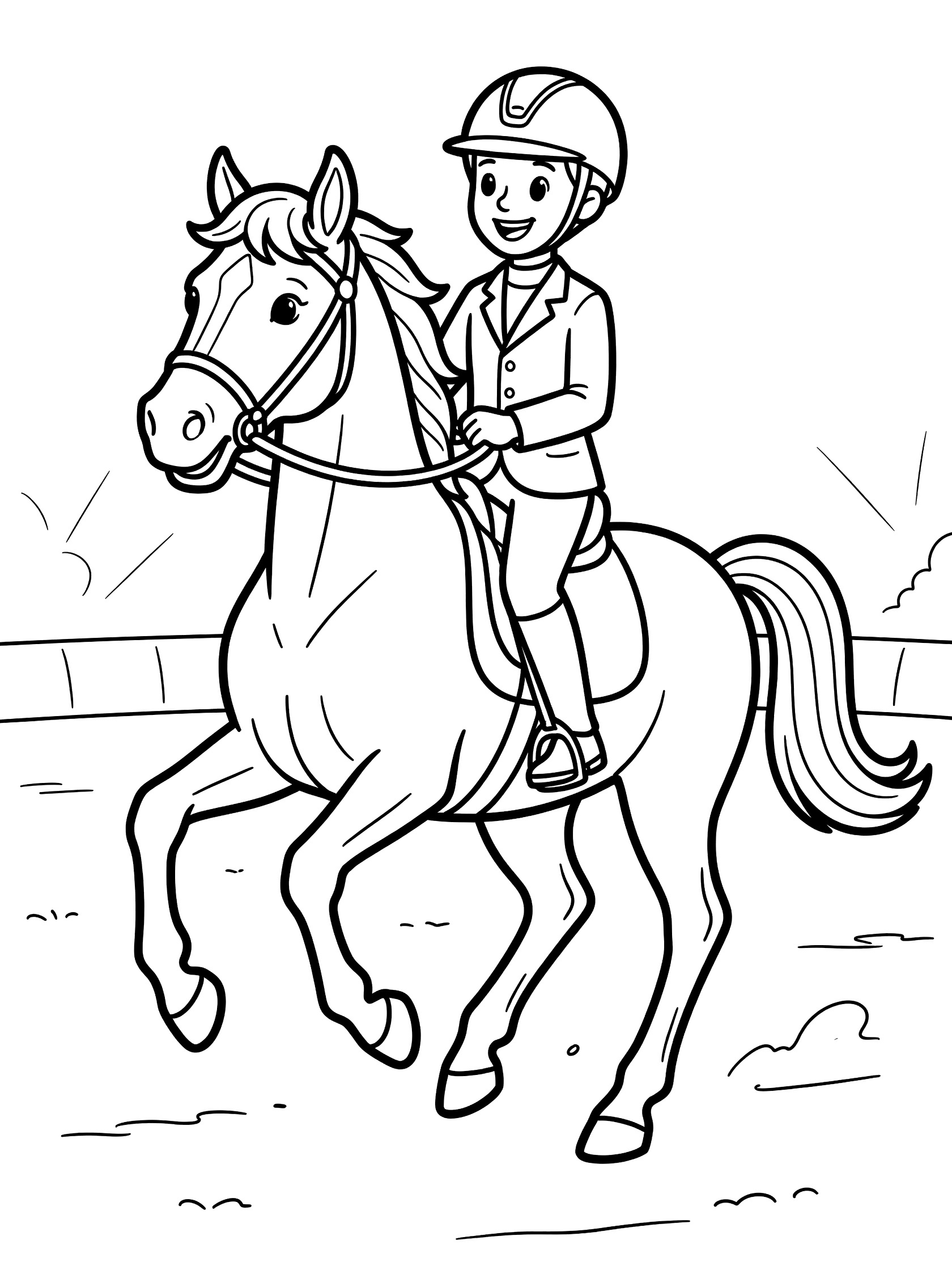 Black and white coloring page showing a happy cartoon girl in riding clothes and helmet sitting on a horse with lifted front legs, simple arena background. Dressage themed black and white printable line art