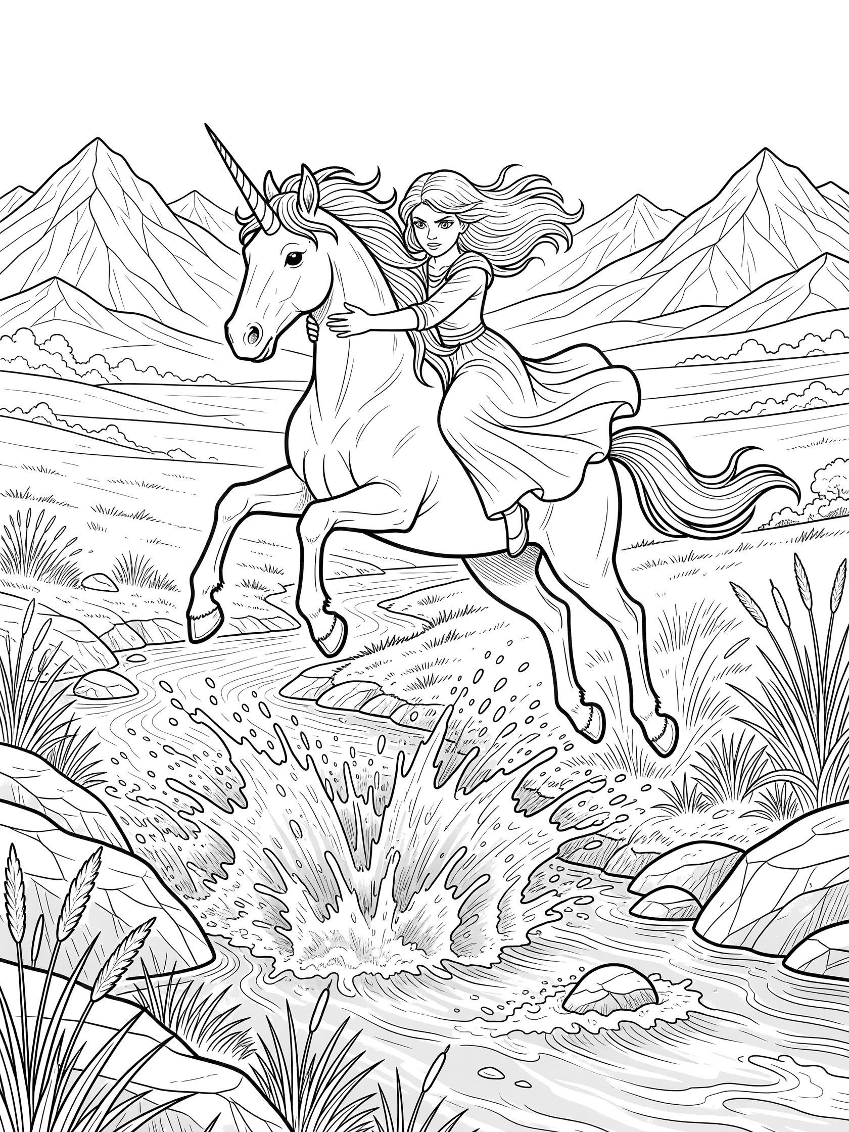 Black and white line art coloring page showing a princess with flowing hair and dress riding a unicorn mid-jump over a splashing stream, surrounded by rocks, tall reeds, and distant mountains.