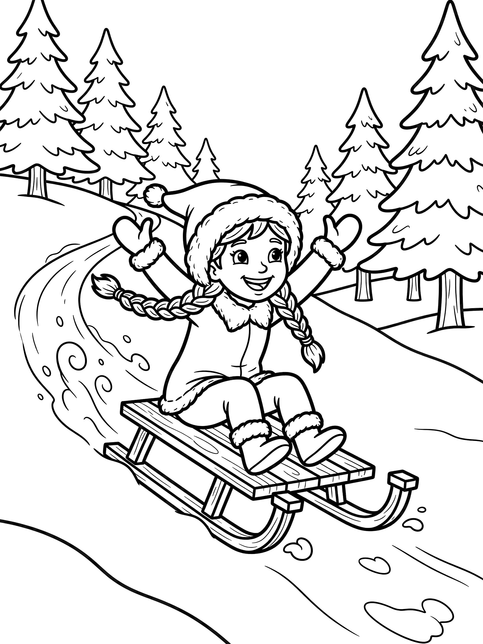 Black and white line art coloring page showing a joyful girl with braids and fur hood sledding down a snowy hill with pine trees on the sides. Snow Elves themed black and white printable line art