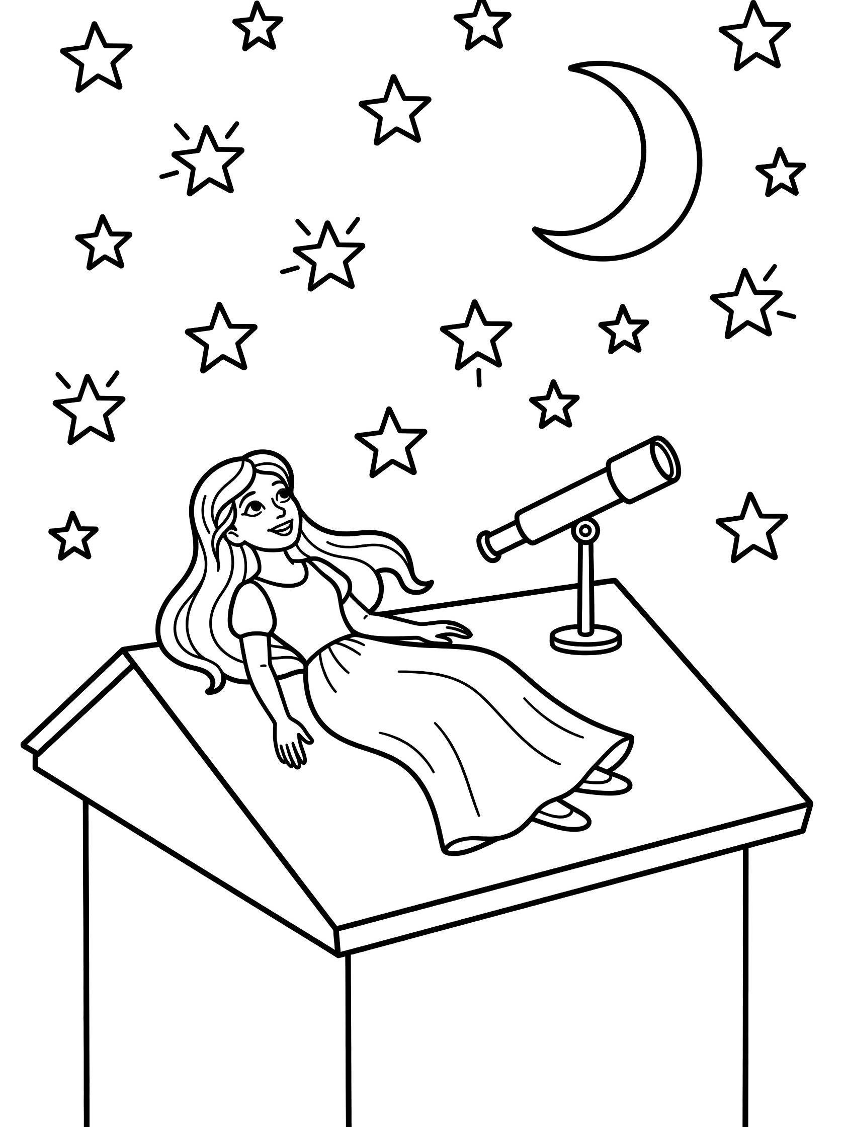 Black and white line art coloring page showing a girl with long hair lying on her back on a rooftop tower, looking at stars and a crescent moon, with a telescope nearby.