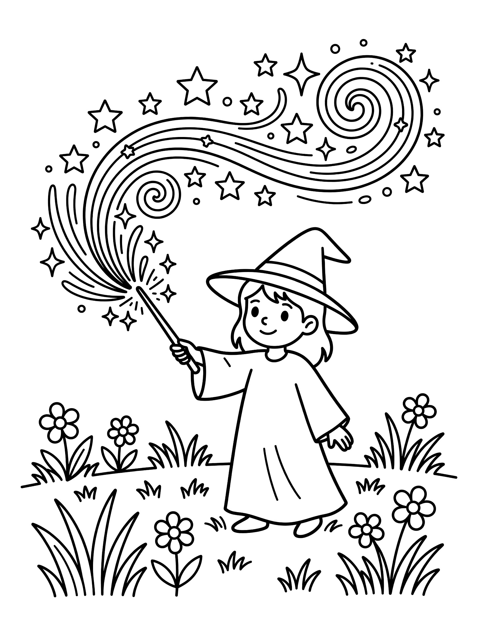Black and white coloring page showing a smiling girl witch in a long dress and pointy hat holding a wand with swirling stars and sparkles above her, standing in grass with flowers. Young Witches themed black and white printable line art