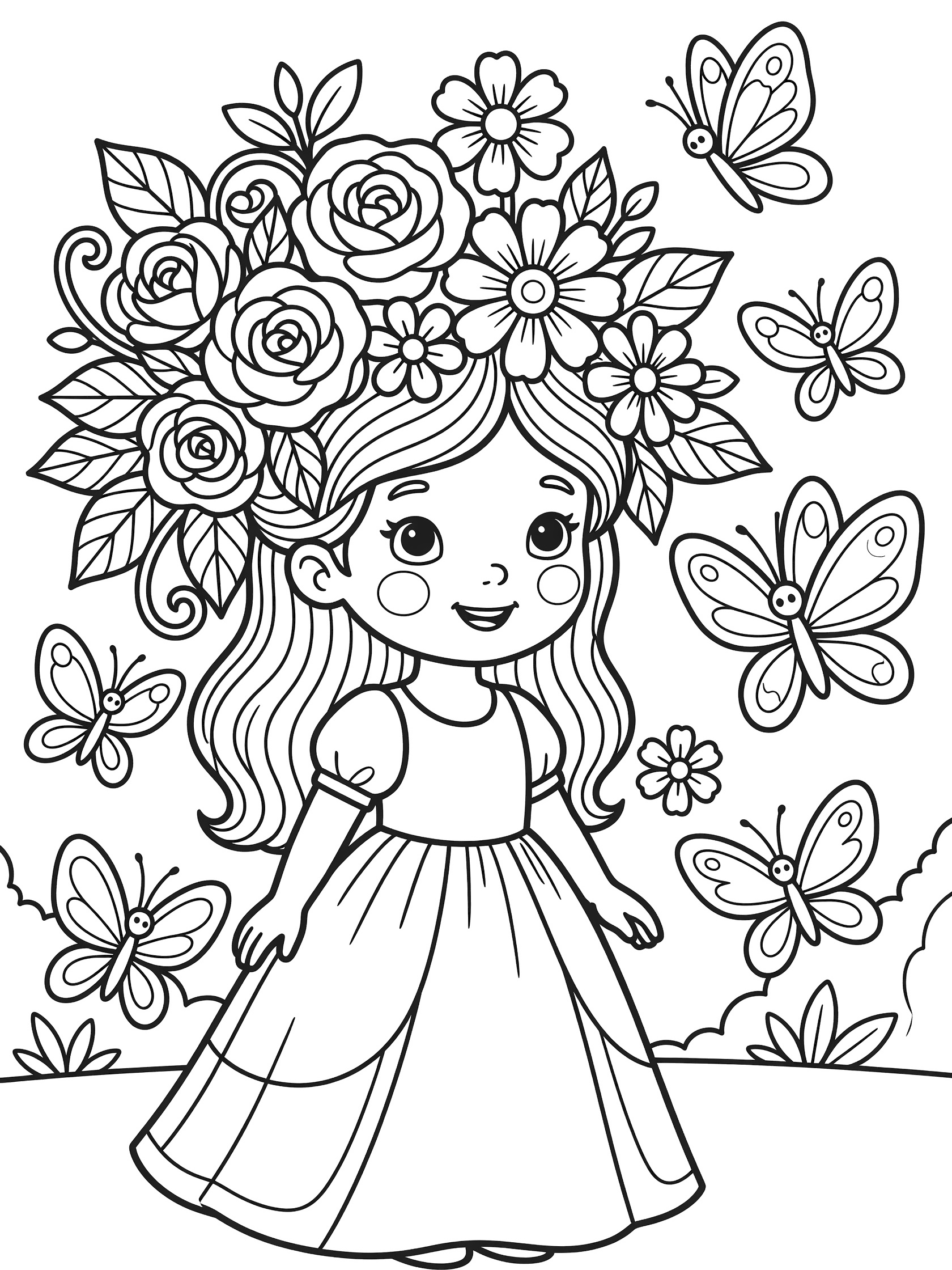 Black and white line art coloring page showing a smiling girl with long hair, flower crown of roses and leaves, puffy dress, and butterflies flying around her.