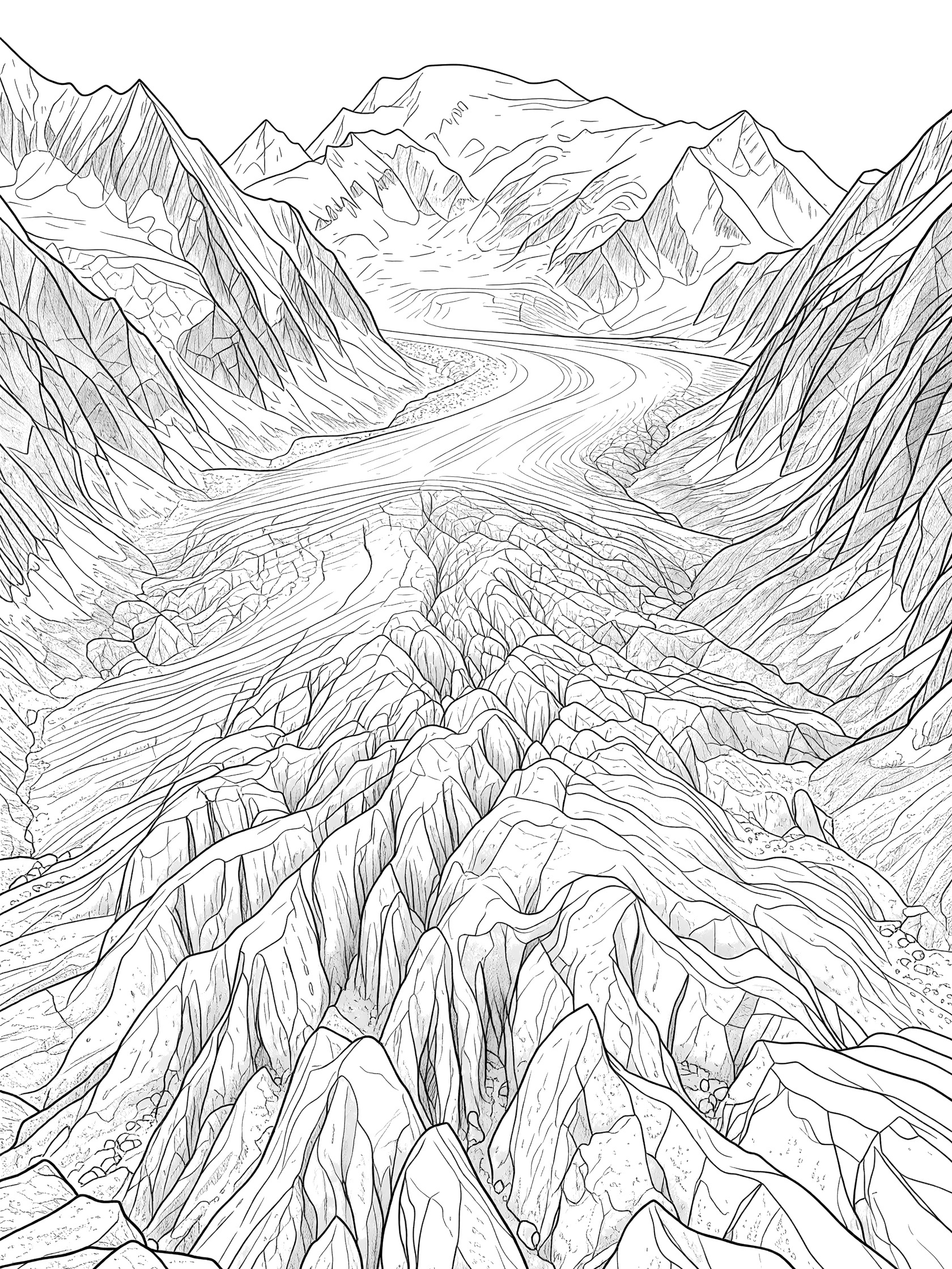 Black and white line art coloring page showing a large glacier in a valley surrounded by tall jagged mountains with crevasses and rocks. Mont Blanc themed black and white printable line art