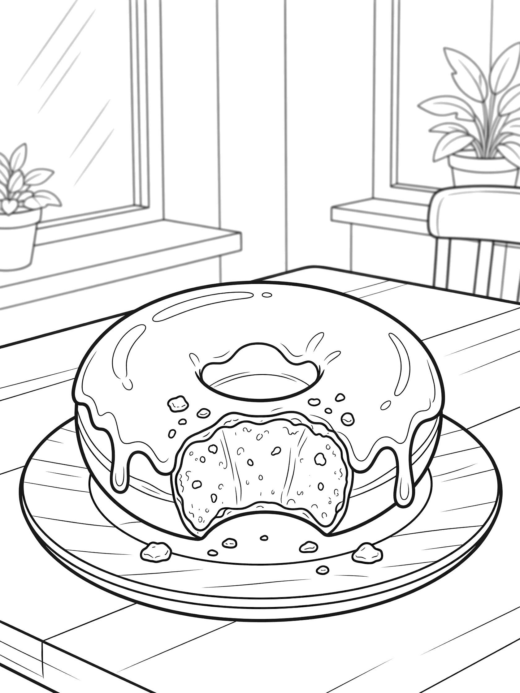 Black and white coloring page of a glazed donut with a big bite, crumbs, and glaze drips on a plate at a cafe table