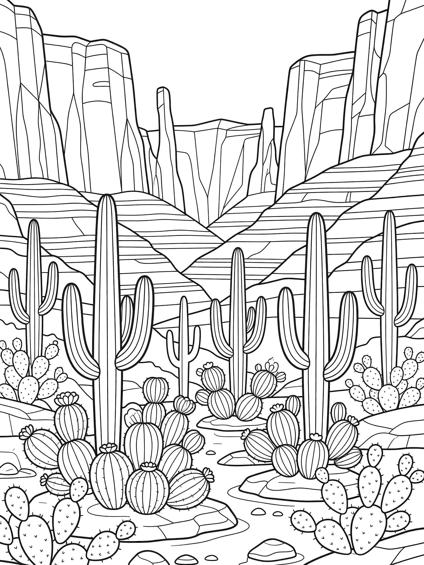 Black-and-white coloring page of cactus garden in Glen Canyon with saguaro cacti, barrel cacti, prickly pear, rocky floor, and tall layered canyon walls.
