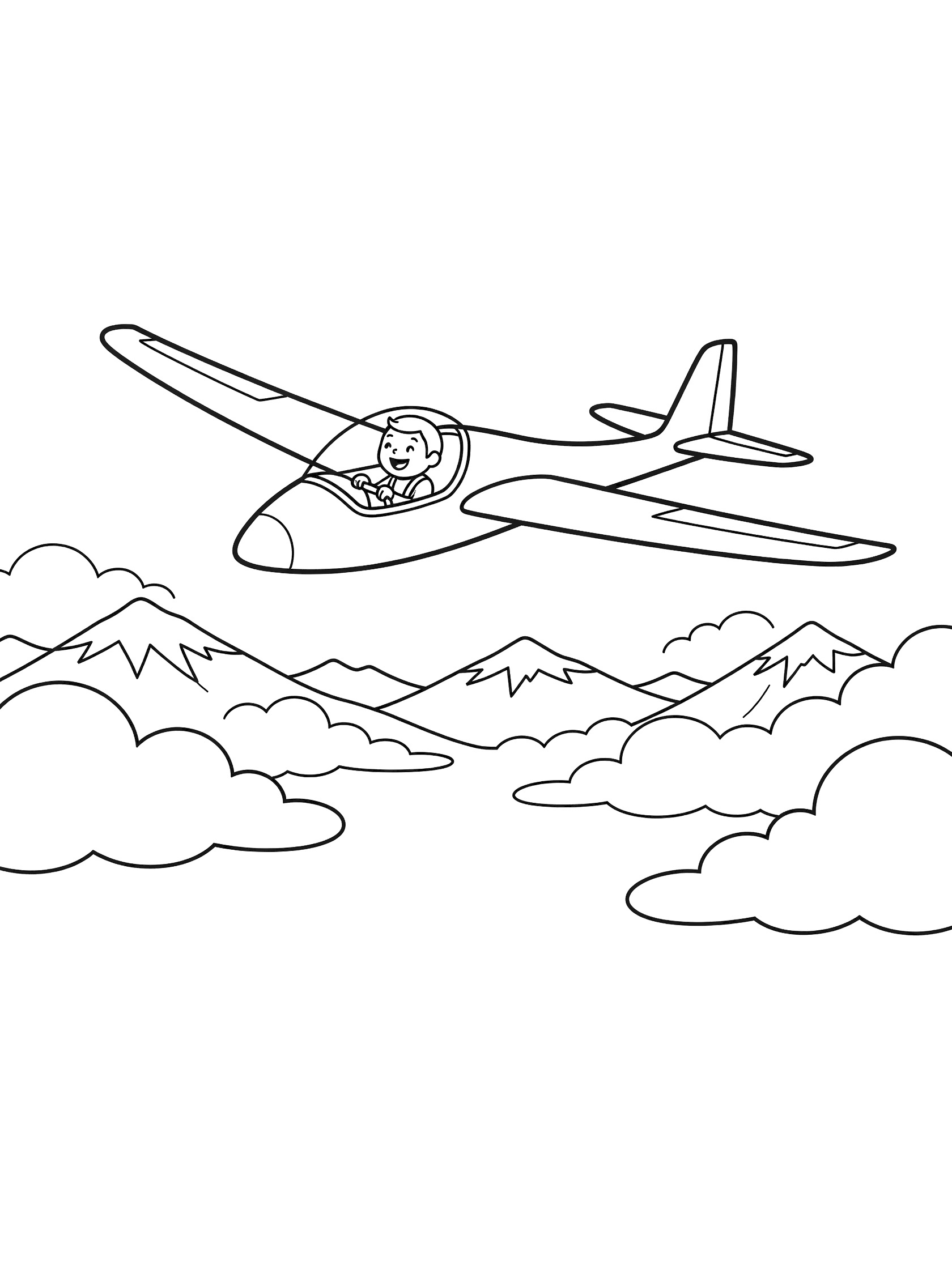 Black and white line art coloring page showing a cartoon glider with a pilot flying high above puffy clouds and distant pointy mountains.