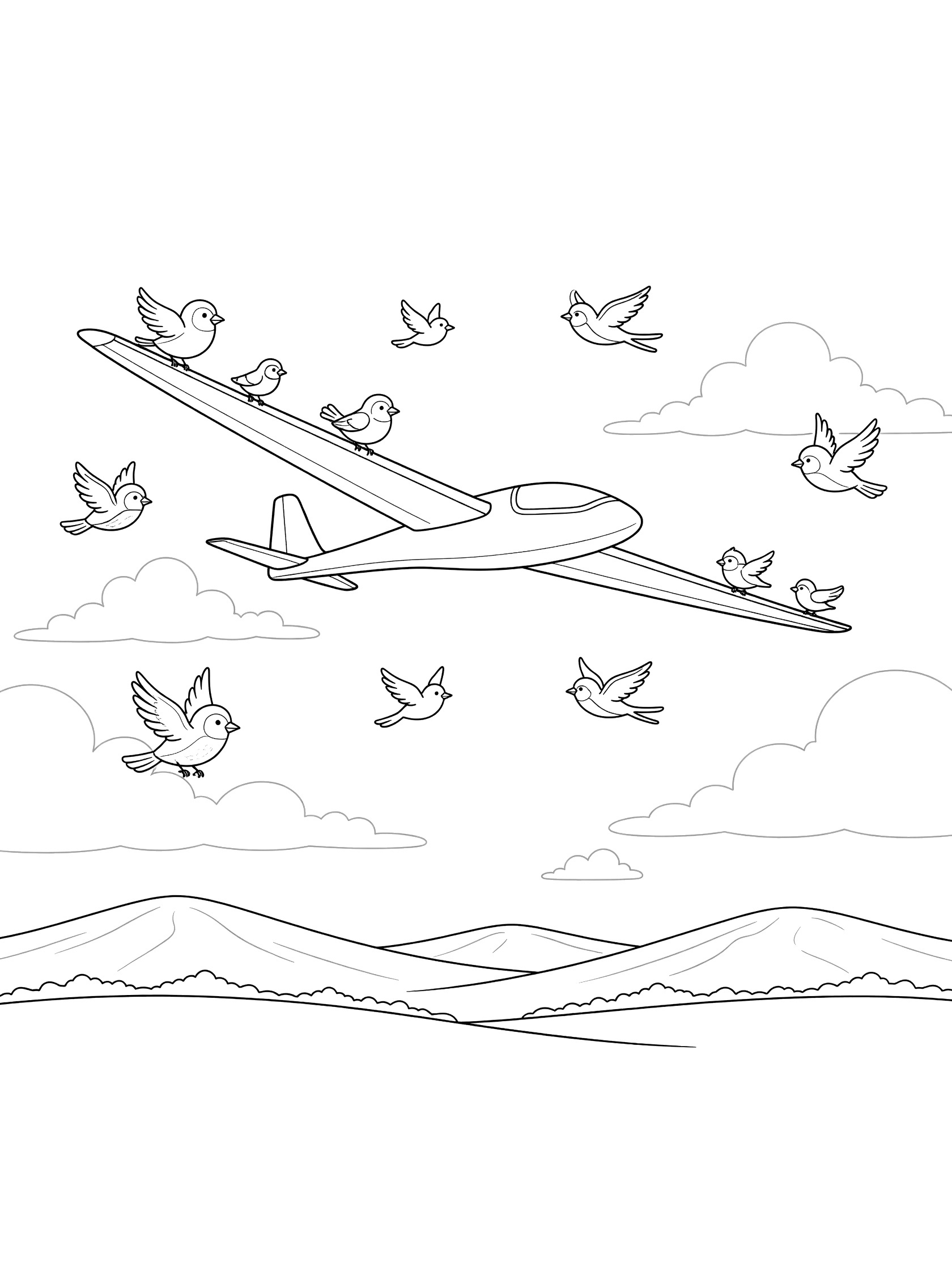 Black and white line art of a glider soaring with a flock of birds on wings and flying nearby, clouds, and distant hills.
