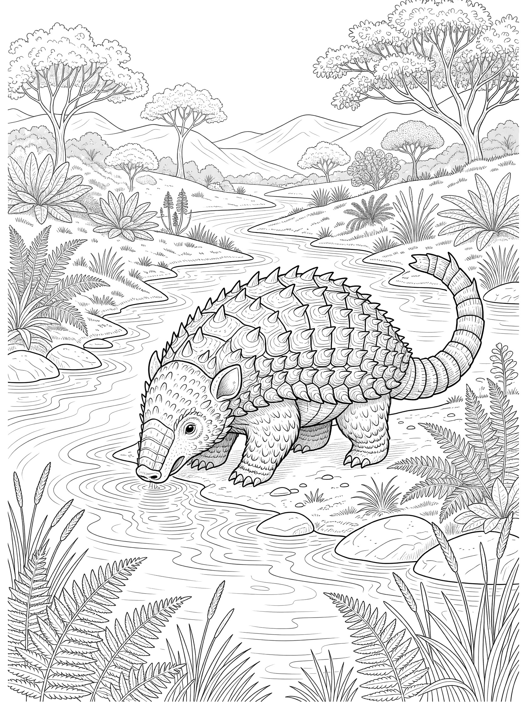 Black and white line art coloring page showing a detailed Glyptodon with armored shell and club tail bending to drink from a river surrounded by ferns, rocks, and distant trees and hills.