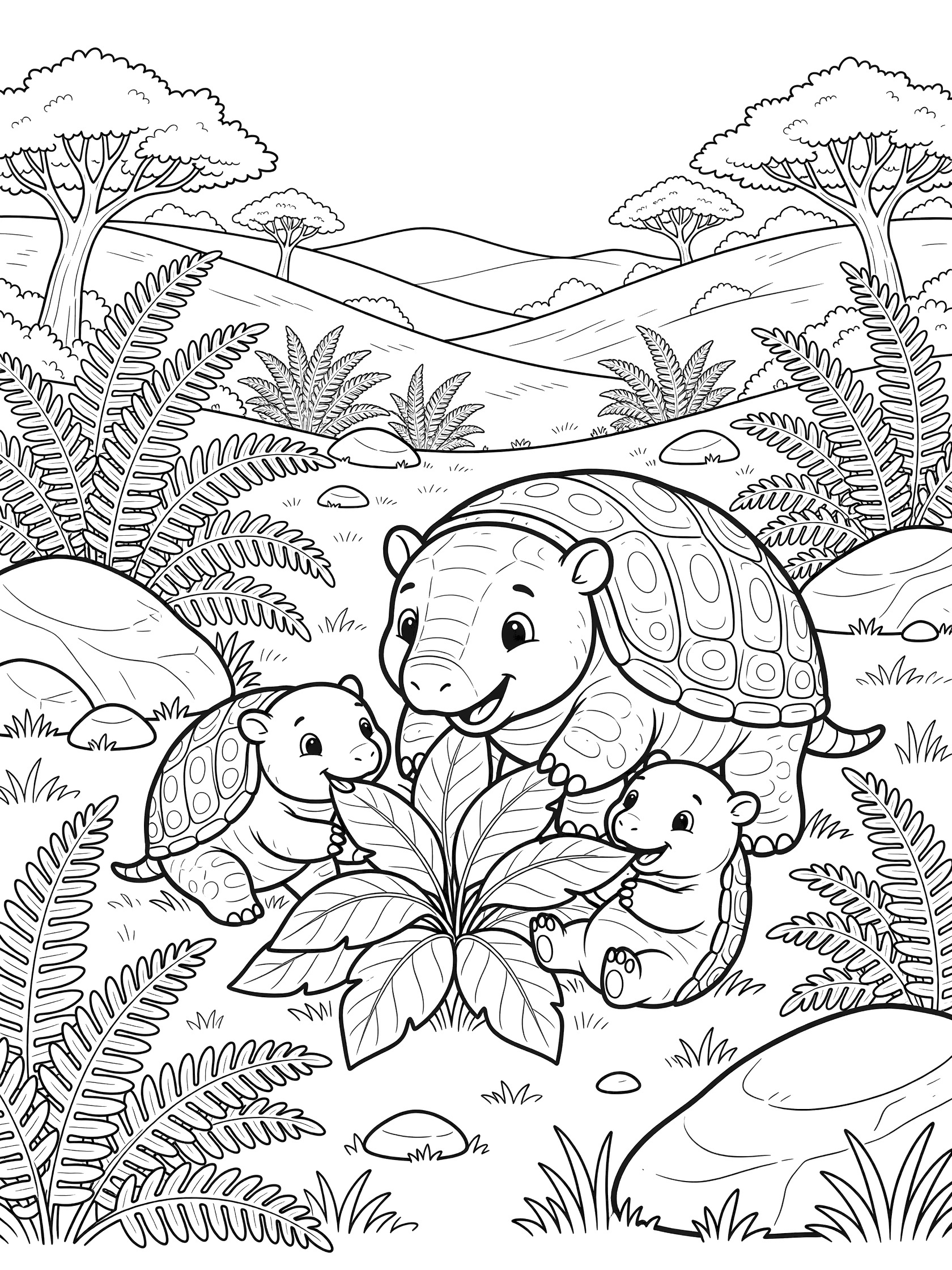 Black-and-white coloring page of a mother Glyptodon with two baby Glyptodons playfully nuzzling and eating big leaves near ferns and rocks in a lush prehistoric scene.