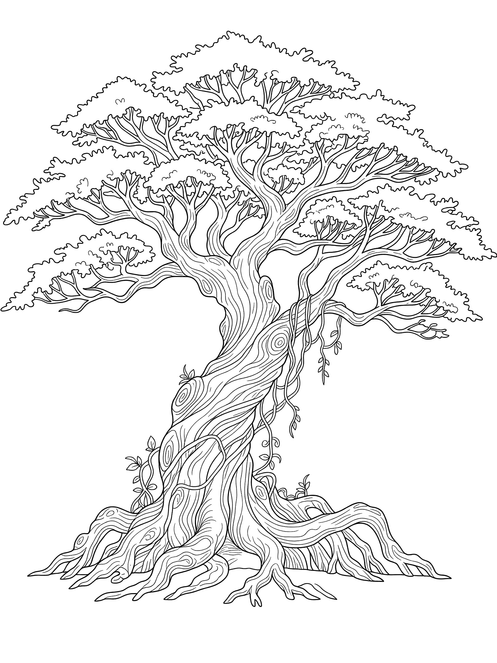 Black and white line art coloring page of a gnarled cedar tree with twisted trunk, dense upper branches, exposed roots at the base, and vines on one side.