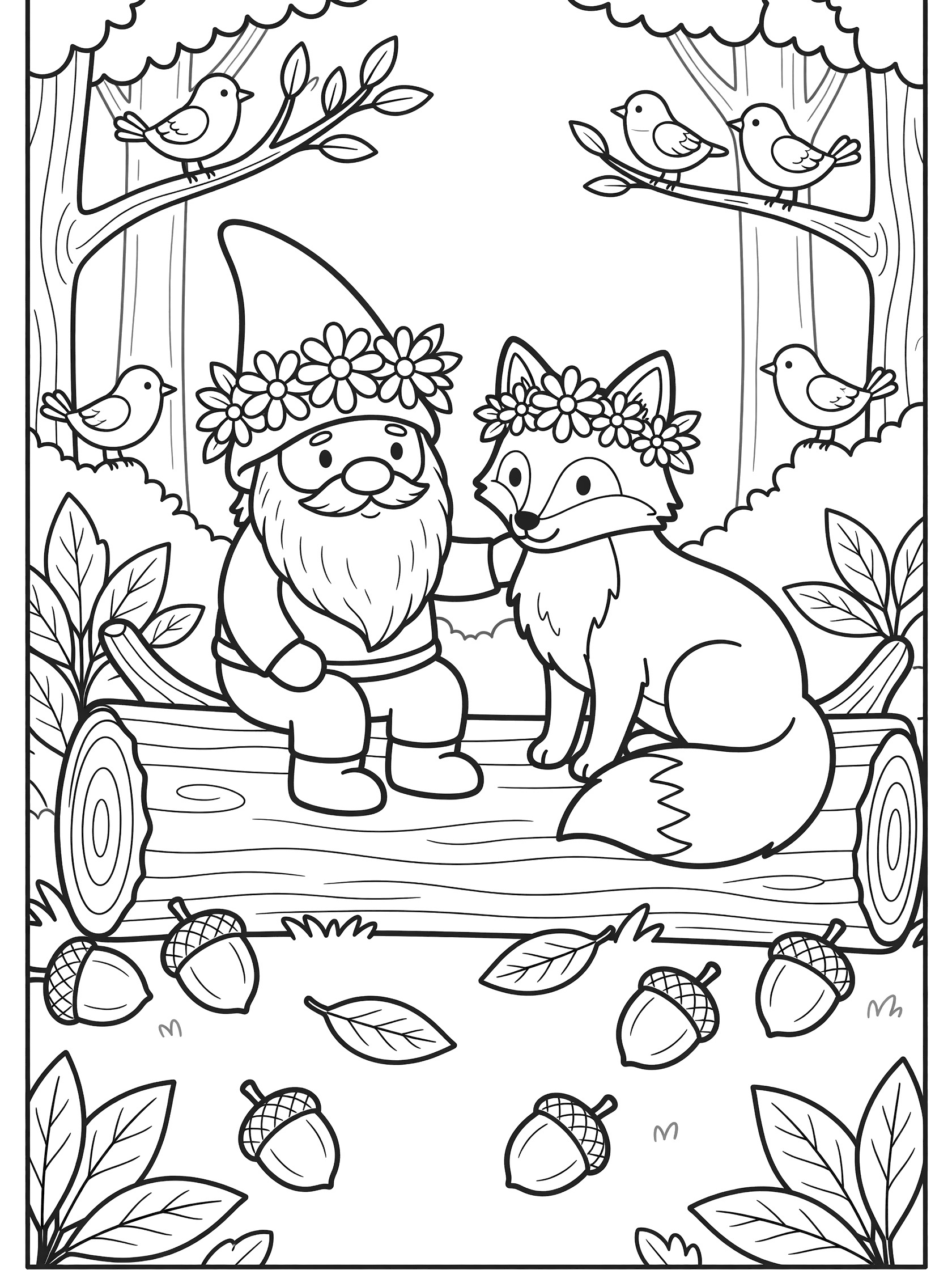 Black and white line art coloring page showing a gnome with beard and pointy hat petting a fluffy fox. Both wear flower crowns and sit on a log surrounded by birds, acorns, leaves, and forest plants. Gnomes themed black and white printable line art